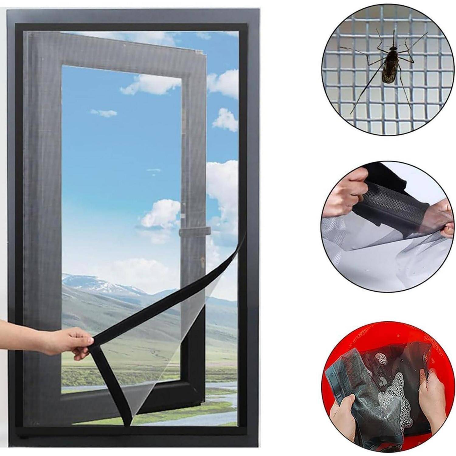 Magnetisches Fensterfliegengitter wird von einem rahmenfenster abgezogen, mit eingeblendeten Nahaufnahmen des Netzes, des Magnetstreifens und der Installationsschritte.