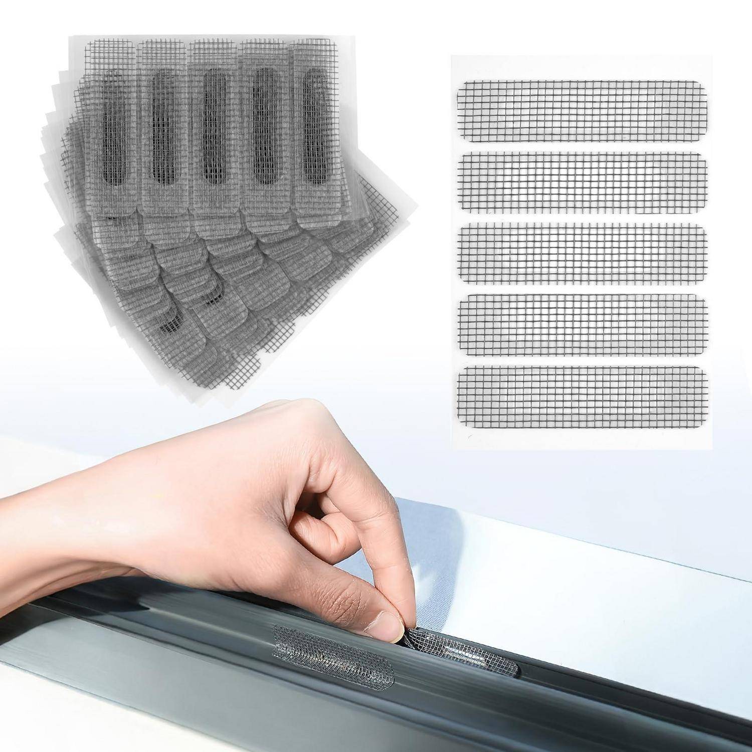 Hand, die einen Mesh-Haftstreifen auf einen Fensterrahmen aufbringt, mit mehreren Streifengrößen oben als Beispiele gezeigt.