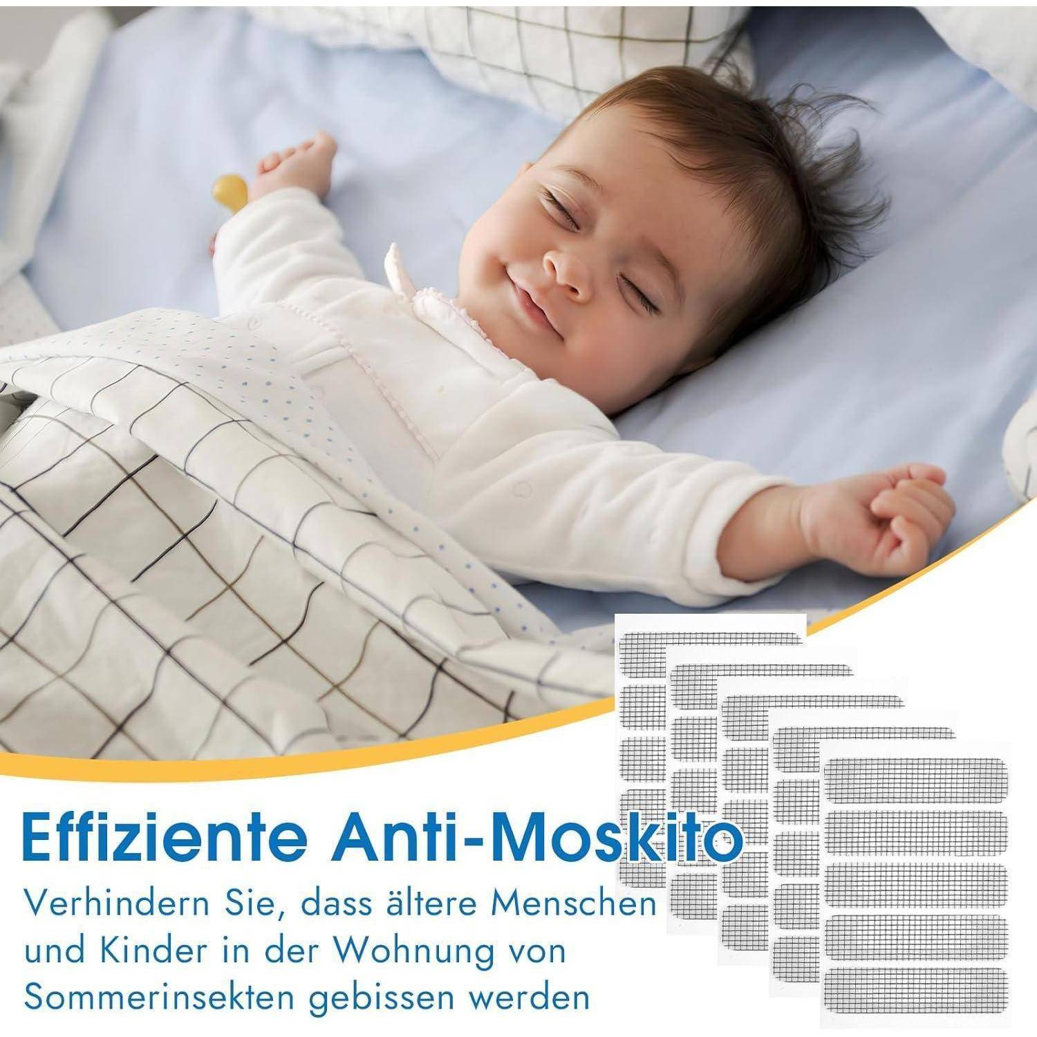 Schlafendes Baby in einem Kinderbett oder Bett neben deutschem Text mit der Aufschrift „Effiziente Anti-Moskito