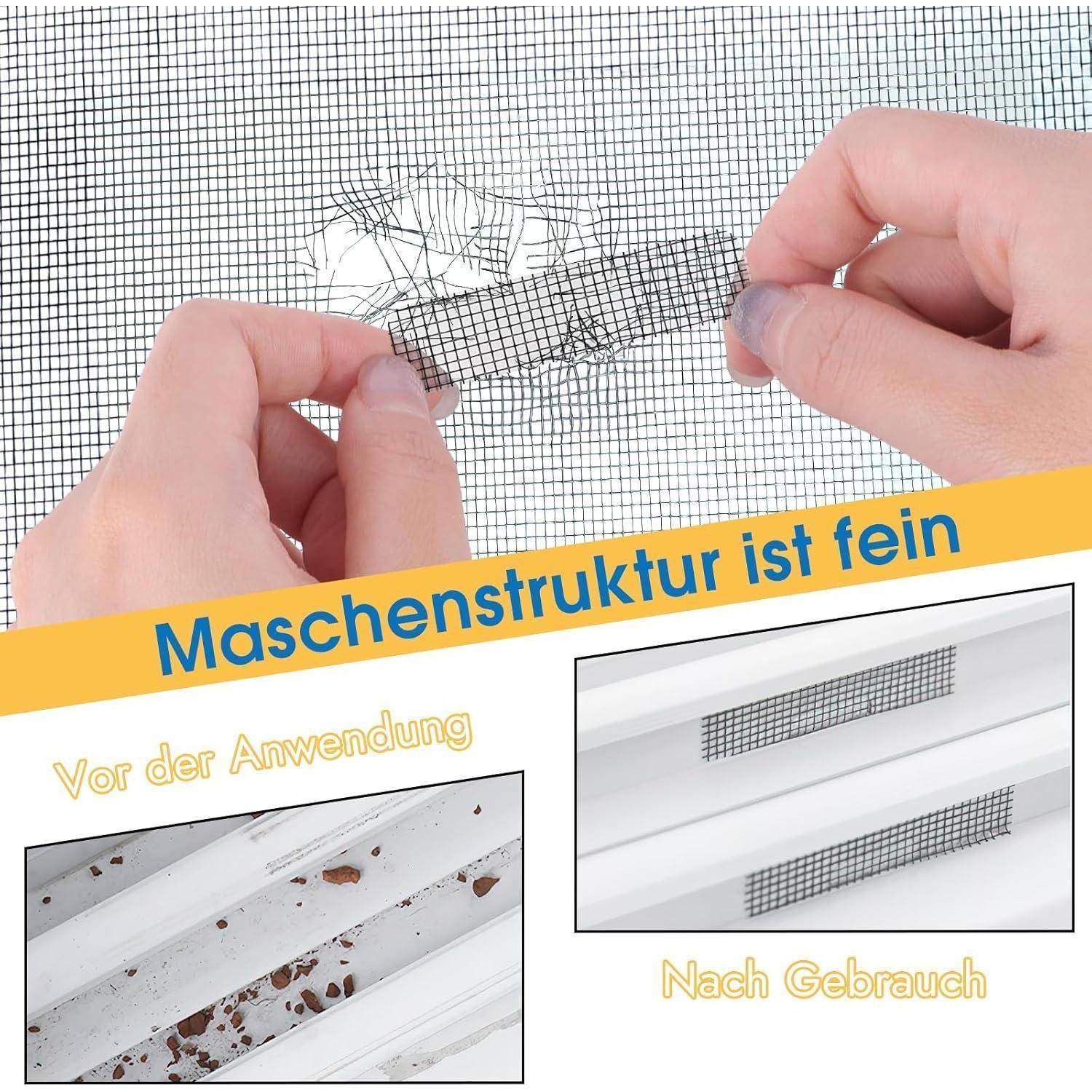 Hände halten einen feinen Maschenflicken über ein Sieb; deutscher Text sagt „Maschenstruktur ist fein