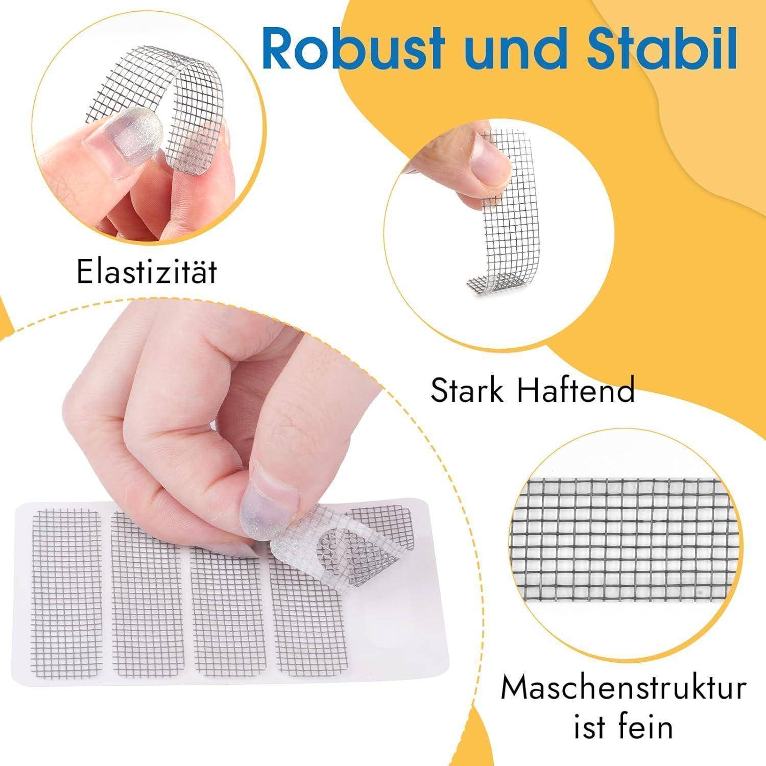 Grafik eines Produkts aus Gitternetzgewebe-Klebeband, das gedehnt, gebogen und von Hand abgezogen wird, mit den Beschriftungen „Robust und Stabil