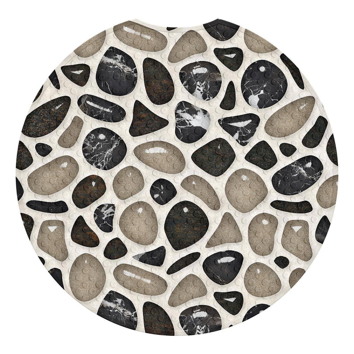 Kreisförmiges Mosaik aus unregelmäßigen beige-, grau- und schwarzfarbigen Steinen auf weißem Hintergrund.