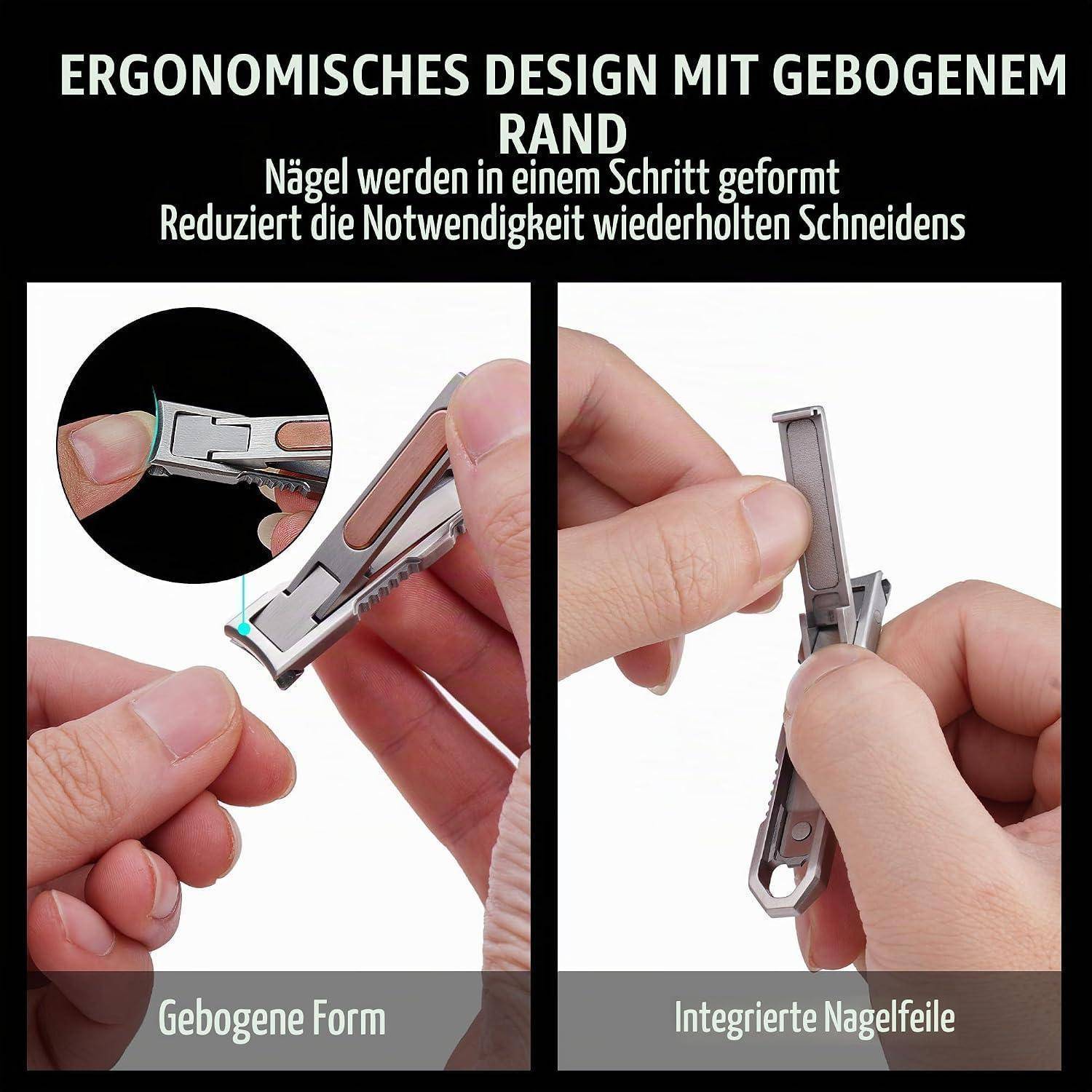 Infografik zeigt ergonomisches Design einer gebogenen Nagelschere mit integrierter Nagelfeile und einstufiger Formgebung; beschriftet mit „Gebogene Form" und „Integrierte Nagelfeile"".