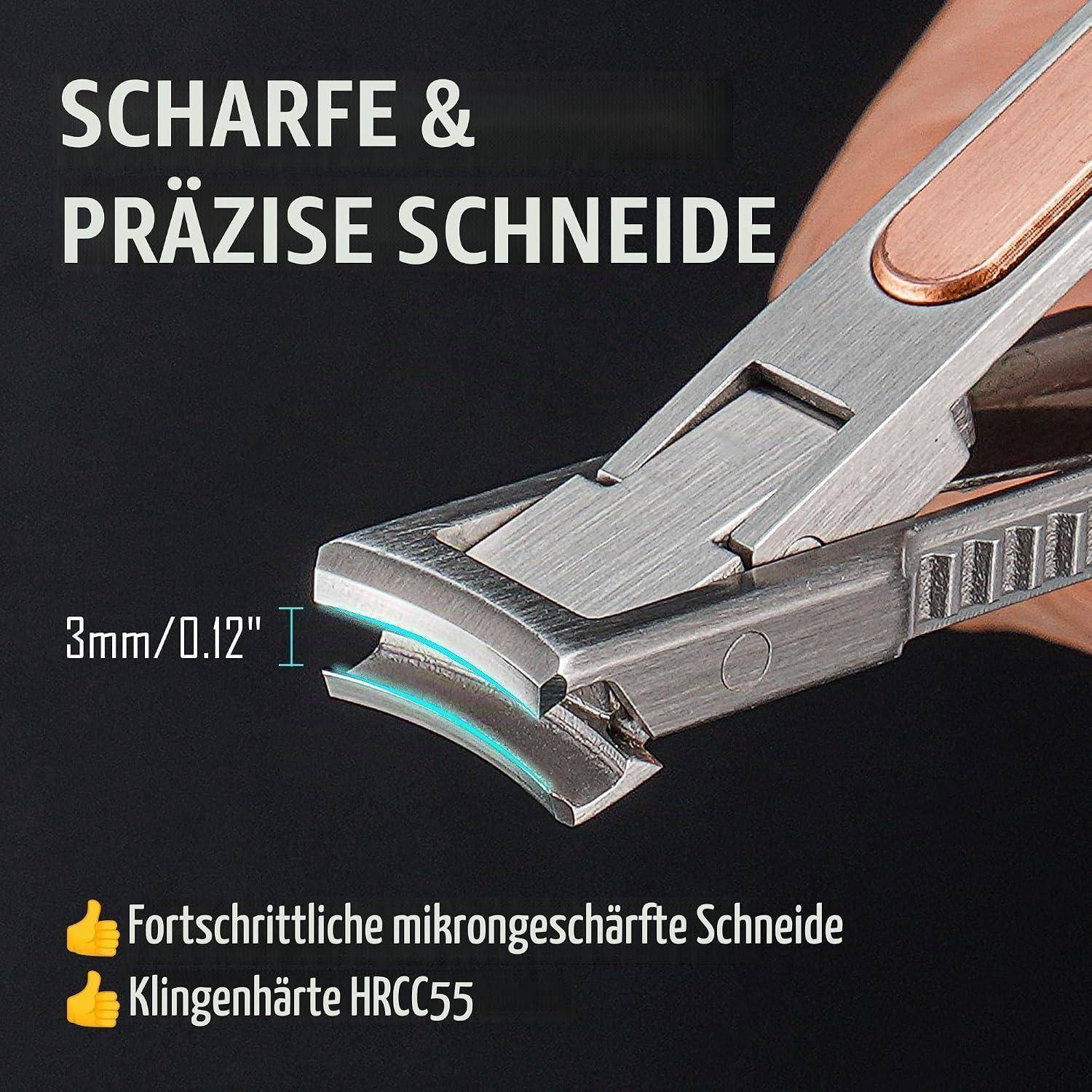 Großaufnahme einer Universalmesserschneide schneidet ein 3-mm-Detail, mit deutschem Text, der scharfes, präzises Schneiden und HRC55-Klingenhärte bewirbt.