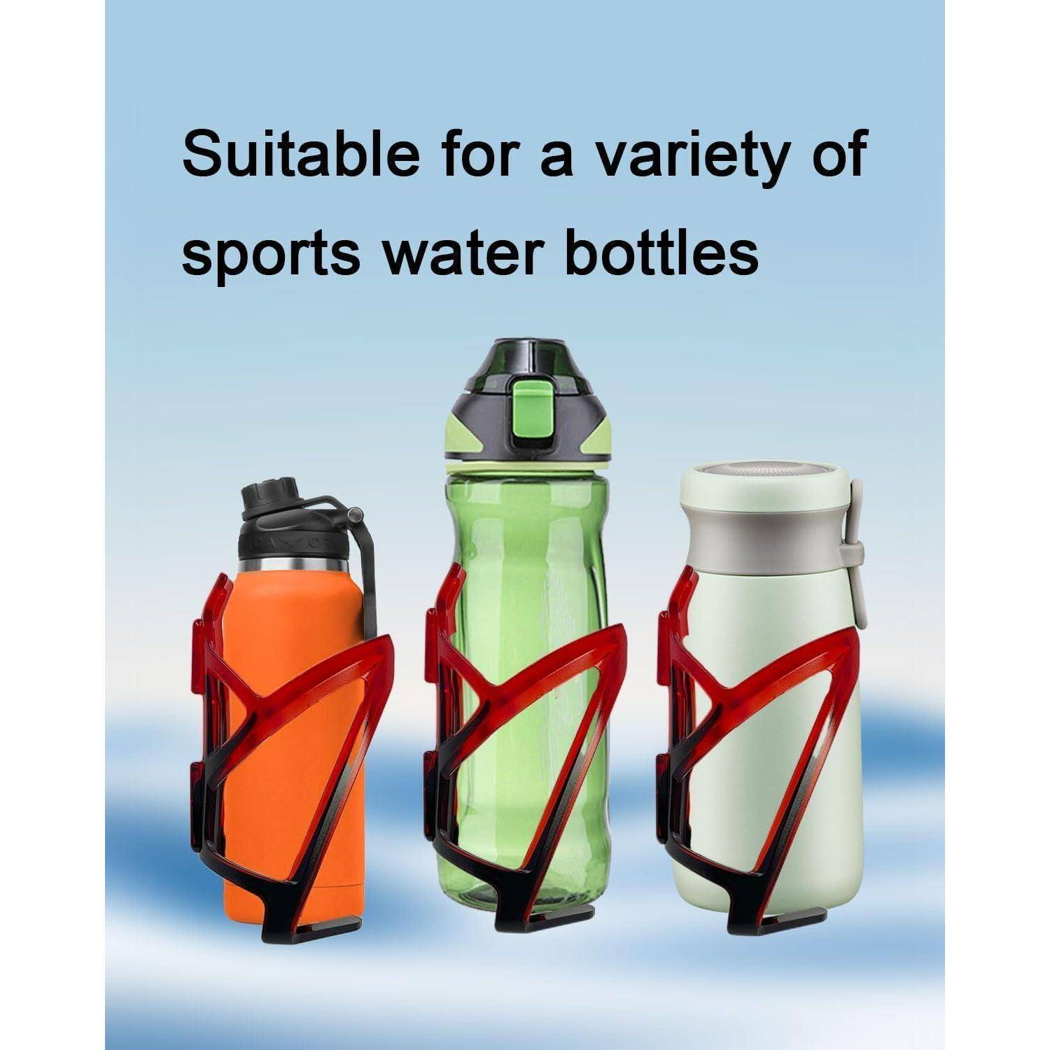 Geeignet für eine Vielzahl von Sportflaschen und zeigt drei verschiedene Wasserflaschen, die von demselben rot-schwarzen Träger gehalten werden.