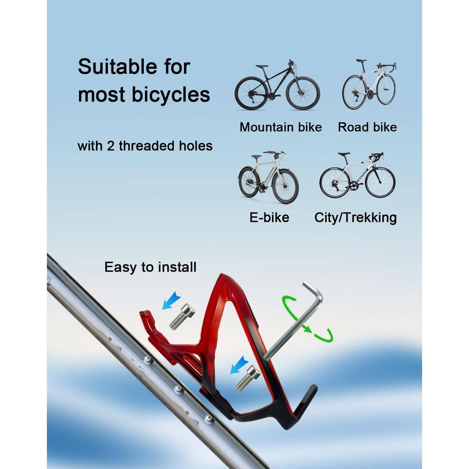 Illustration eines Fahrradrahmenhalters mit zwei Gewindebohrungen, gekennzeichnet als geeignet für Mountain Bikes, Rennräder, E-Bikes und City-/Trekking-Bikes, mit einfacher Montage auf einer Schiene.