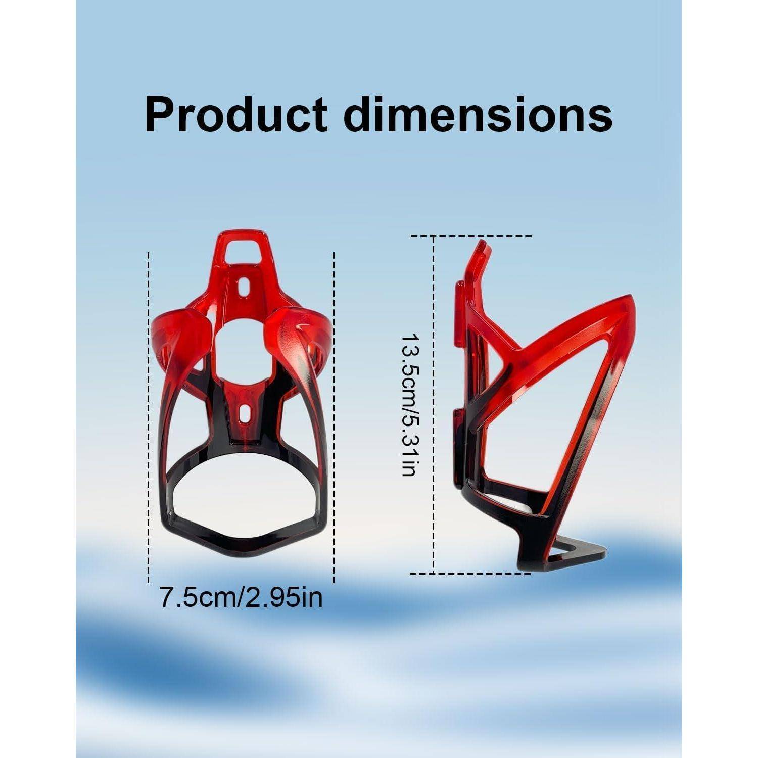 Produktabmessungsdiagramm einer roten Fahrrad-Wasserflaschenhaltung, das die Breite von 7,5 cm (2,95 Zoll) und die Höhe von 13,5 cm (5,31 Zoll) in Front- und Seitenansicht zeigt.