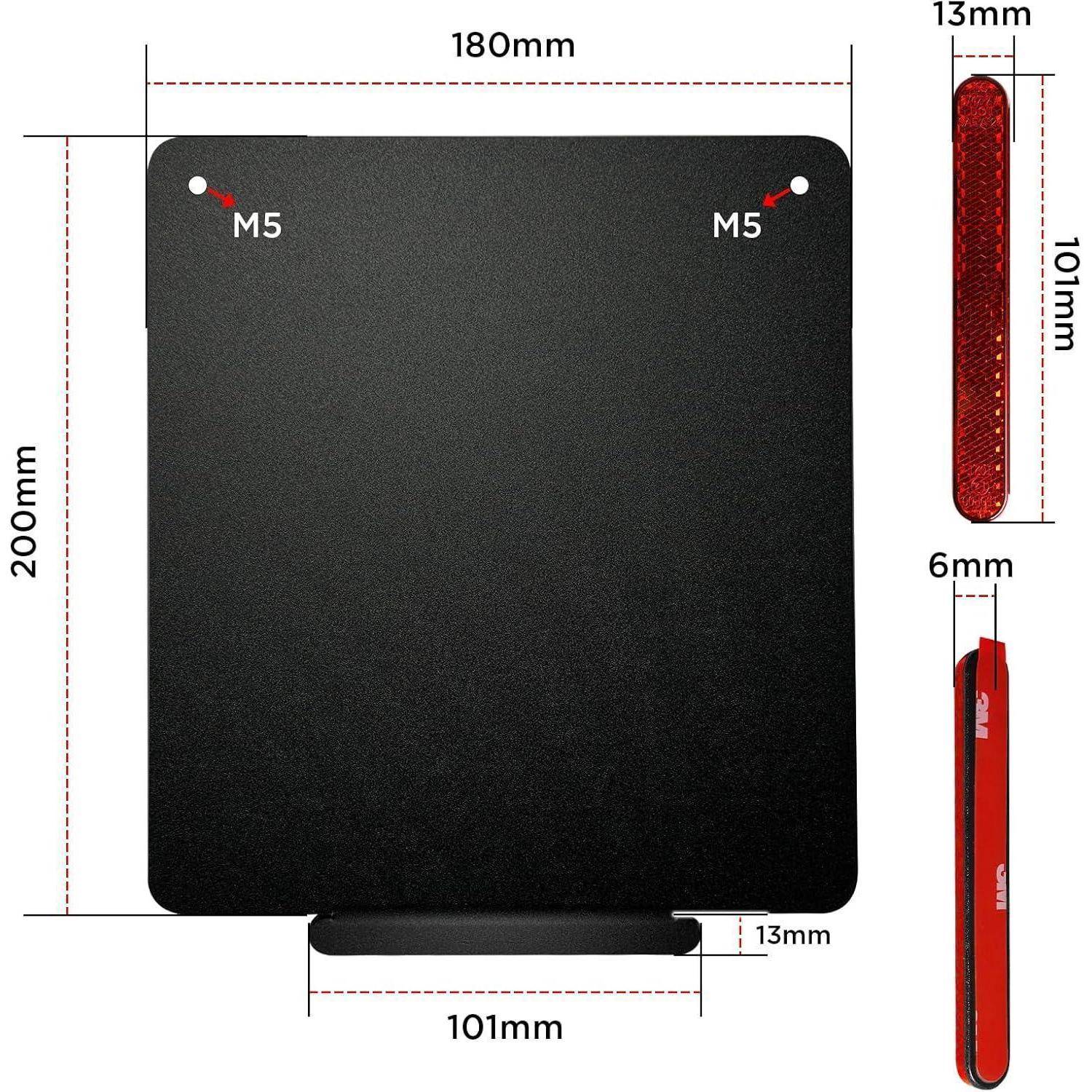 Schwarzes rechteckiges Pad mit zwei M5-Ecklöchern, gezeigt mit Abmessungen von 180 mm x 200 mm und einer 101 mm-Bodenmontage; Seitenprofil ist 13 mm dick.