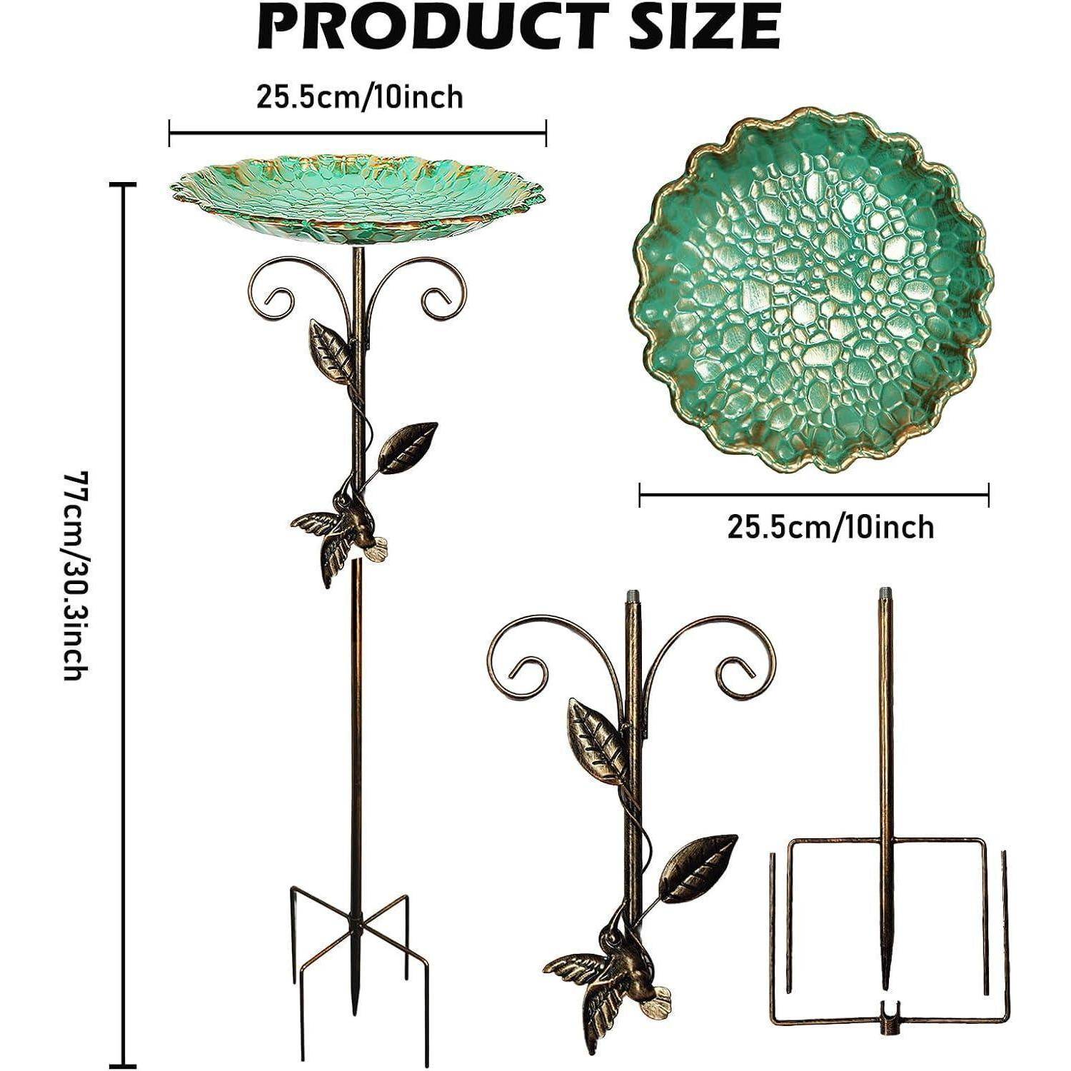 Produktgrößen-Diagramm mit einer grünen dekorativen Vogelfutterstation oder Vogelbad: 77 cm (30,3 Zoll) hoch, 25,5 cm (10 Zoll) breite Schale, mit Seiten- und Vorderansicht.