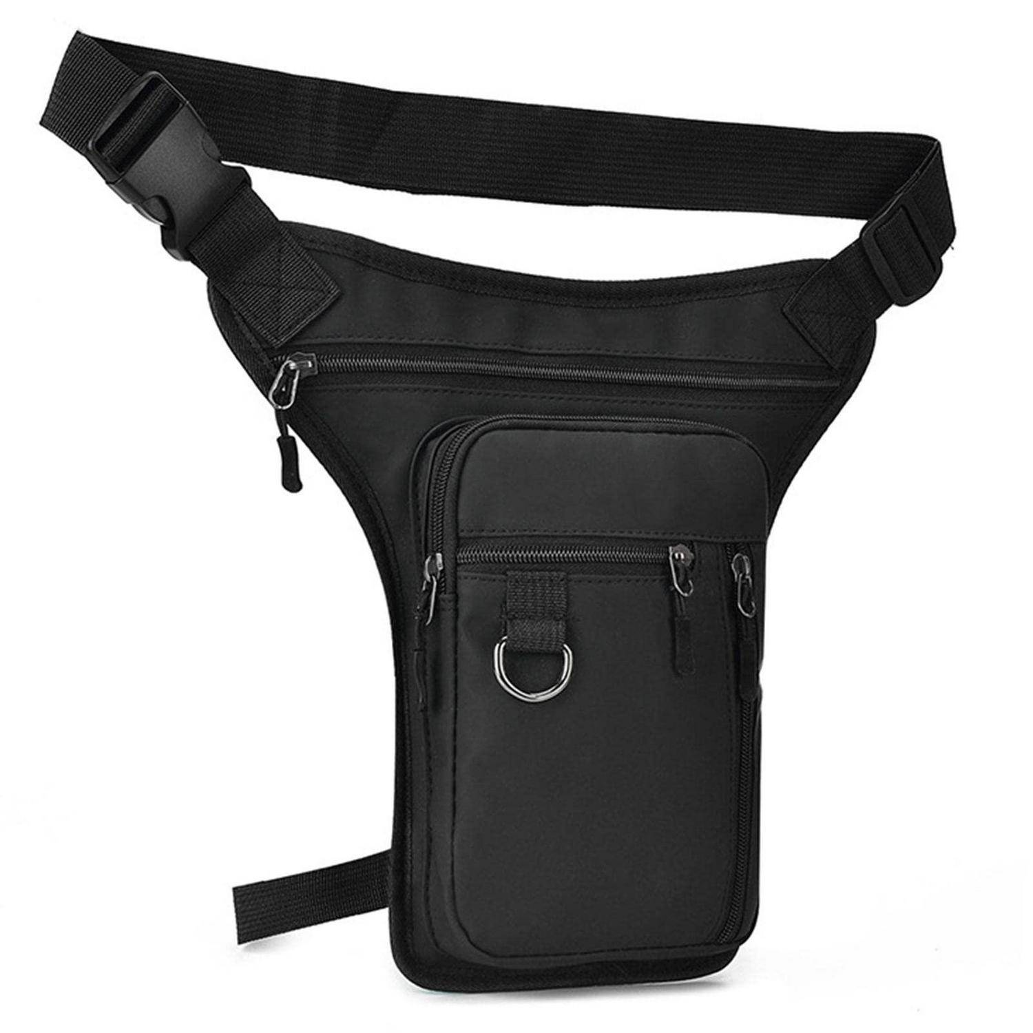 Schwarze Oberschenkel-Holster-Tasche mit verstellbarem Hüftgurt und mehreren Reißverschlusstaschen auf weißem Hintergrund.