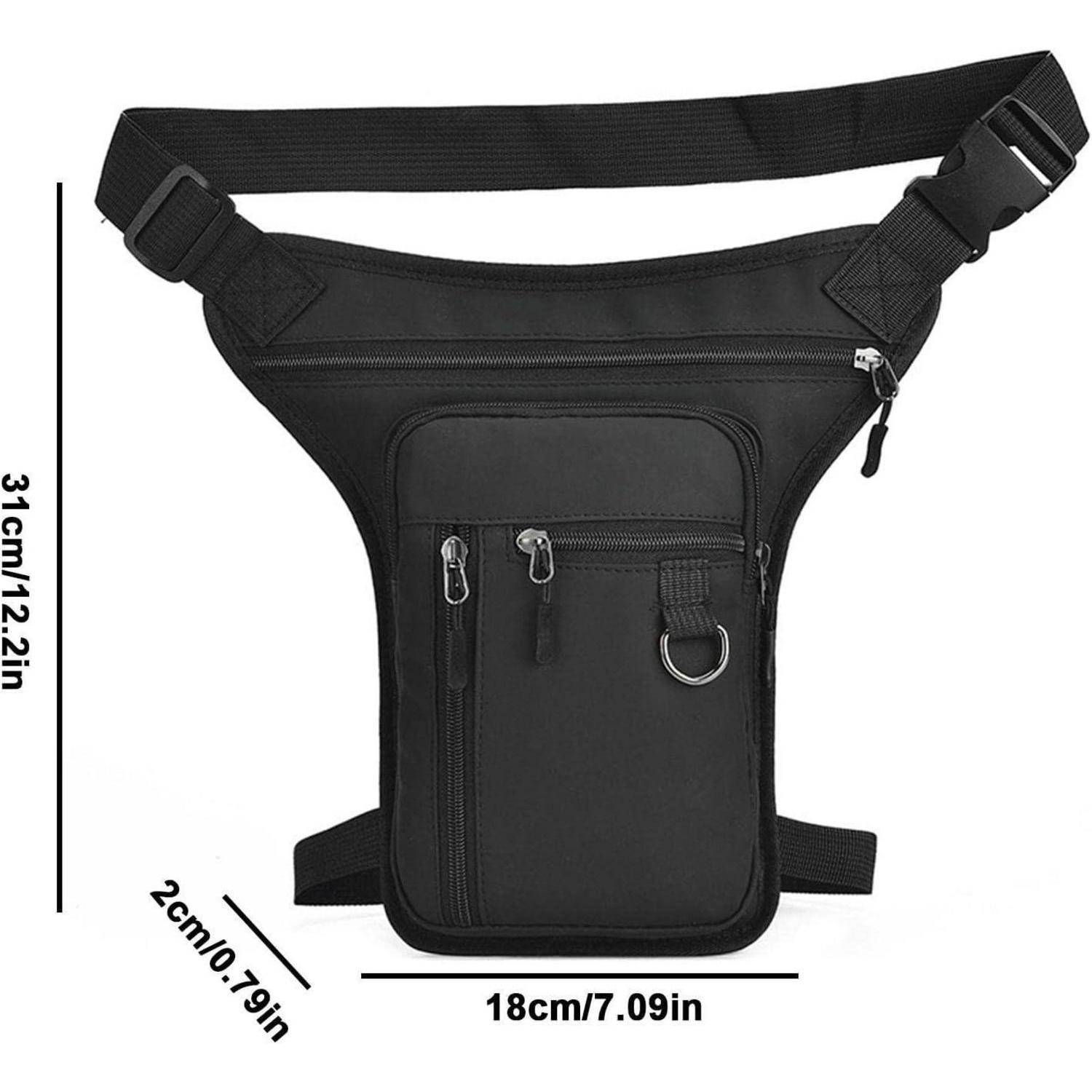 Schwarze Hüfttasche oder Beinbeutel mit verstellbarem Riemen und mehreren Reißverschlusstaschen, gezeigt mit Abmessungen von 31 cm Höhe, 18 cm Breite und 2 cm Tiefe.
