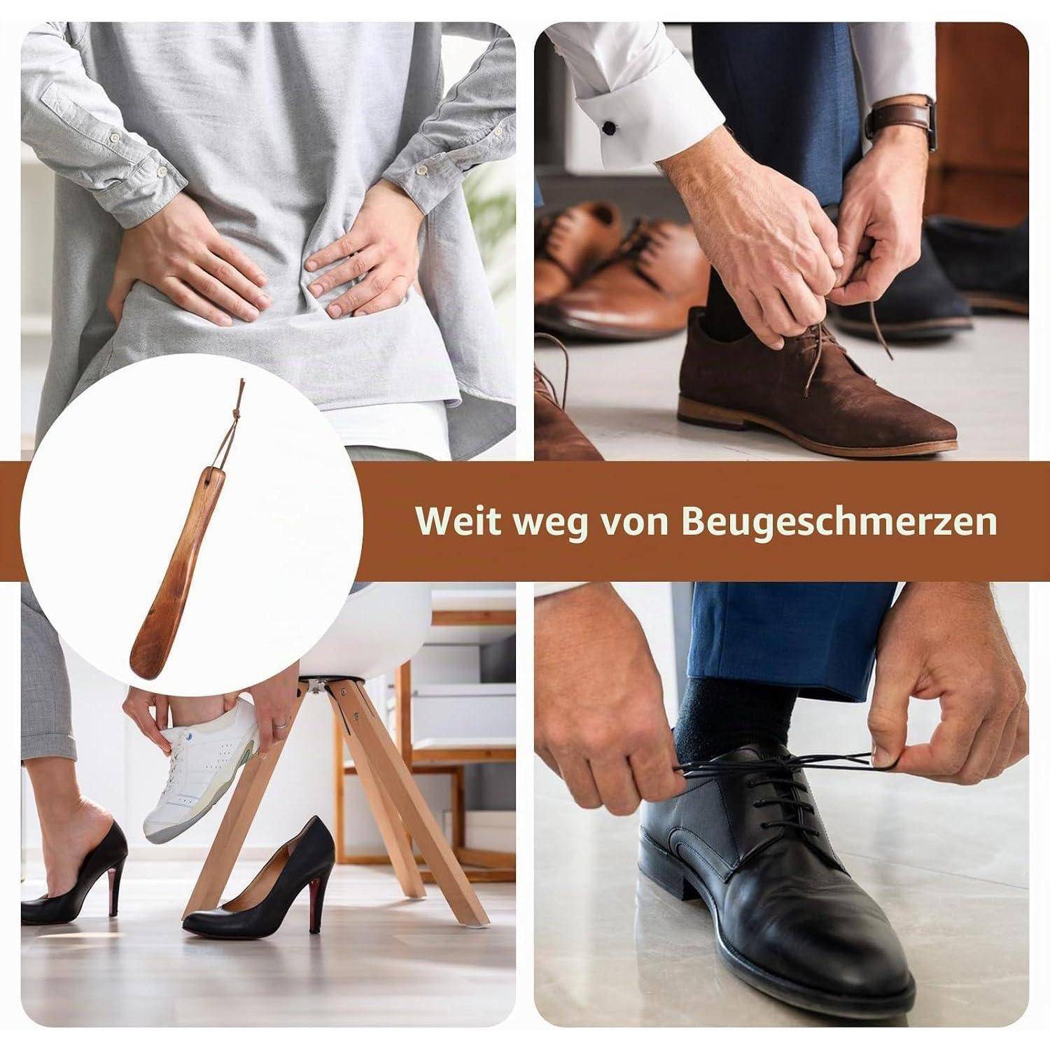 Collage eines Rückenkratzers und von Menschen, die sich Schuhe anziehen, mit deutschem Text „Weit weg von Beugeschmerzen
