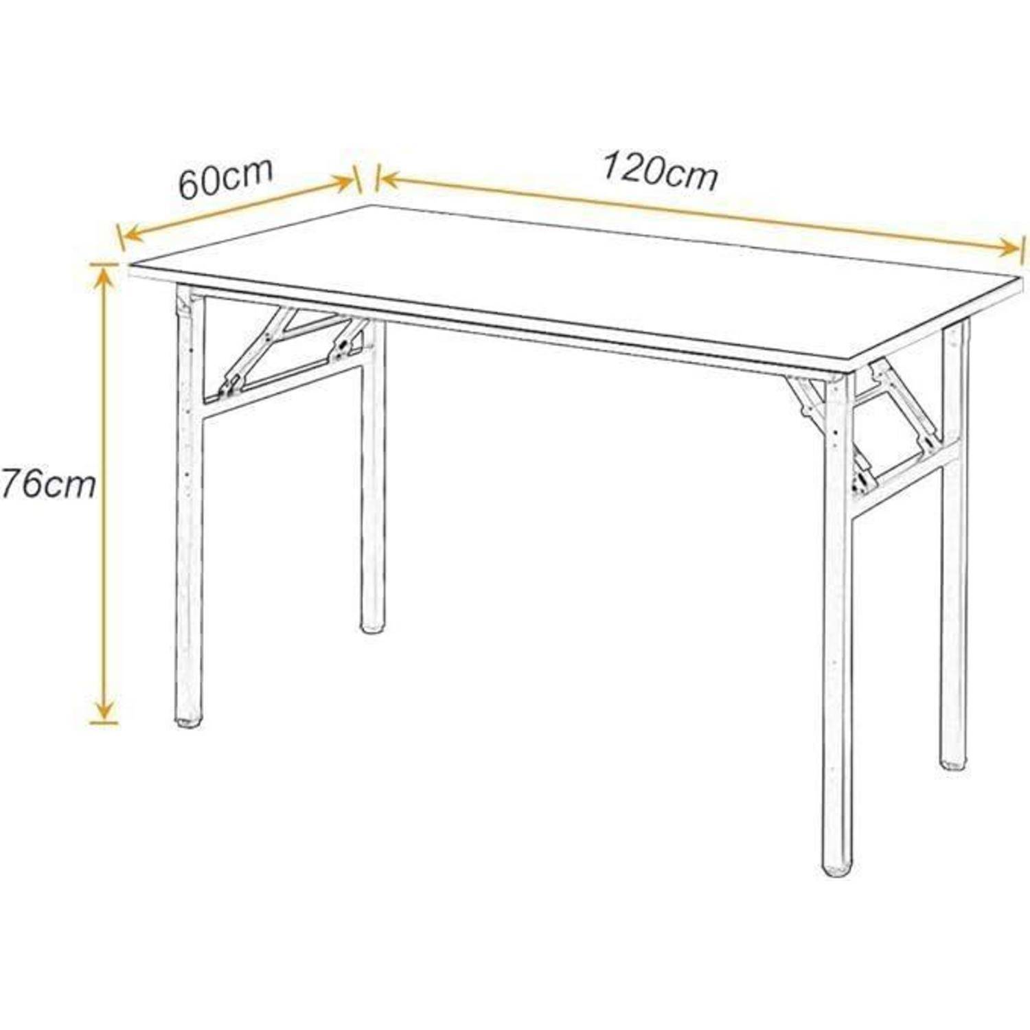 Diagramm eines Klapptisches mit gekennzeichneten Abmessungen 120 cm Länge, 60 cm Breite und 76 cm Höhe.
