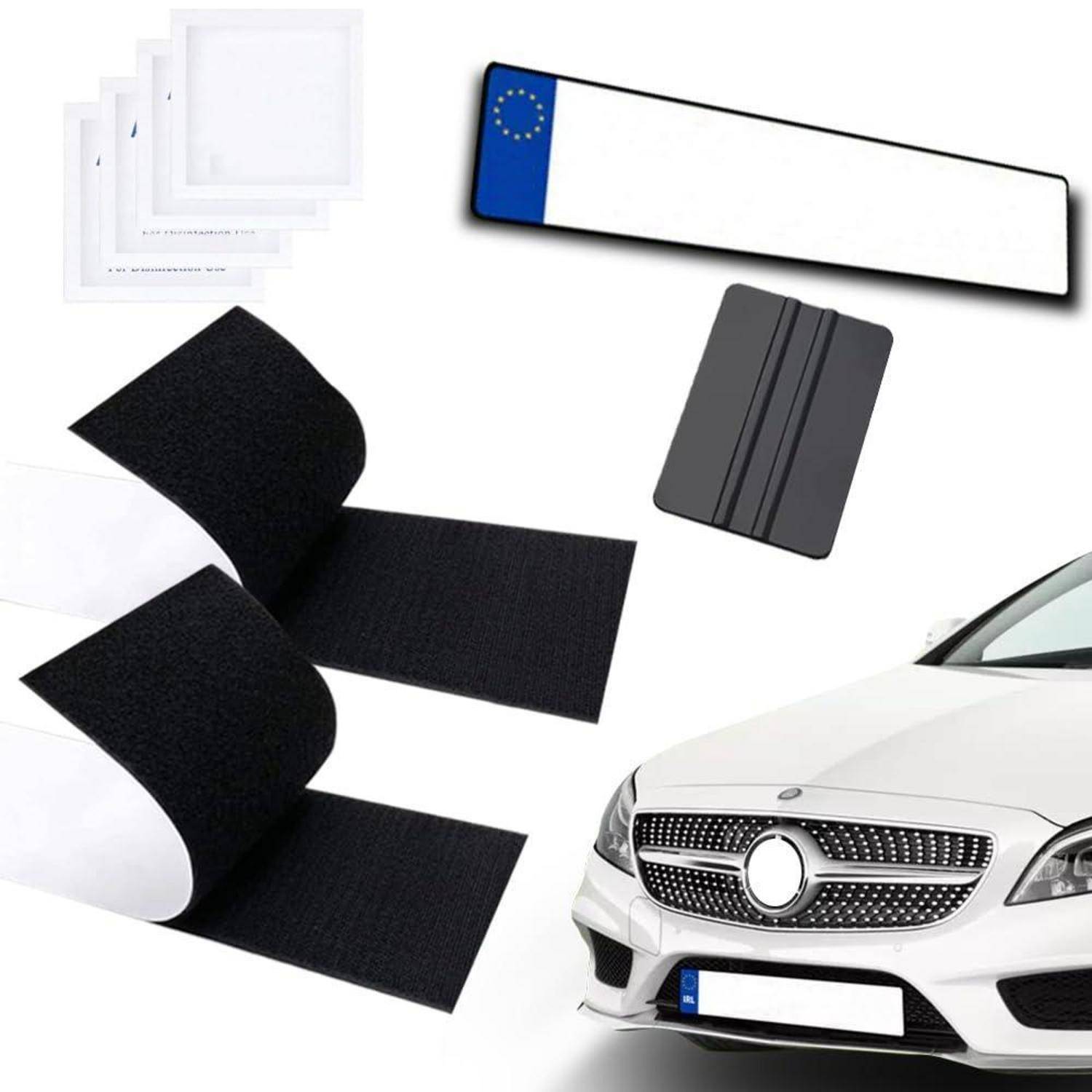 Kennzeichenhalter-Set für die Frontseite des Autos: Klebstreifen, schwarze Befestigungsleisten und eine Musterblankoplatte im europäischen Stil auf einem weißen Auto.