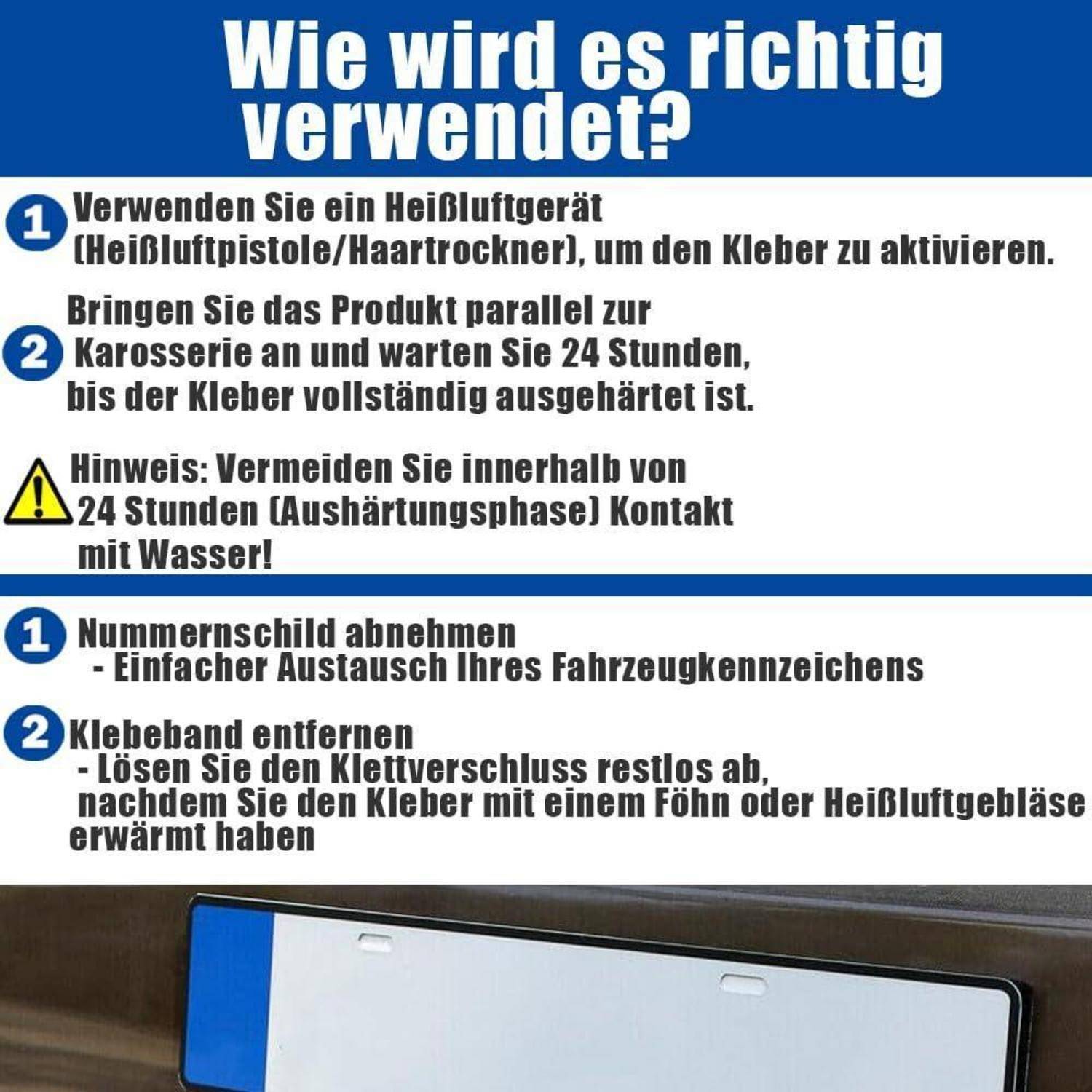 2 Paar Klett Kennzeichenhalter selbstklebend, Rahmenlos für Deutsche Kennzeichen