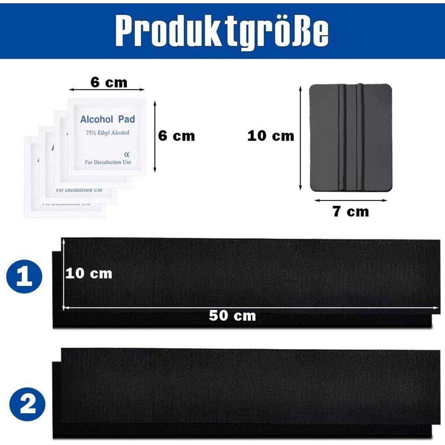 Produktgrößentabelle mit Alkoholtüchern 6 cm x 6 cm, einem schwarzen klappbaren Etui 10 cm x 7 cm, und zwei Mattengröße: 50 cm x 10 cm und einer größeren Matte darunter.