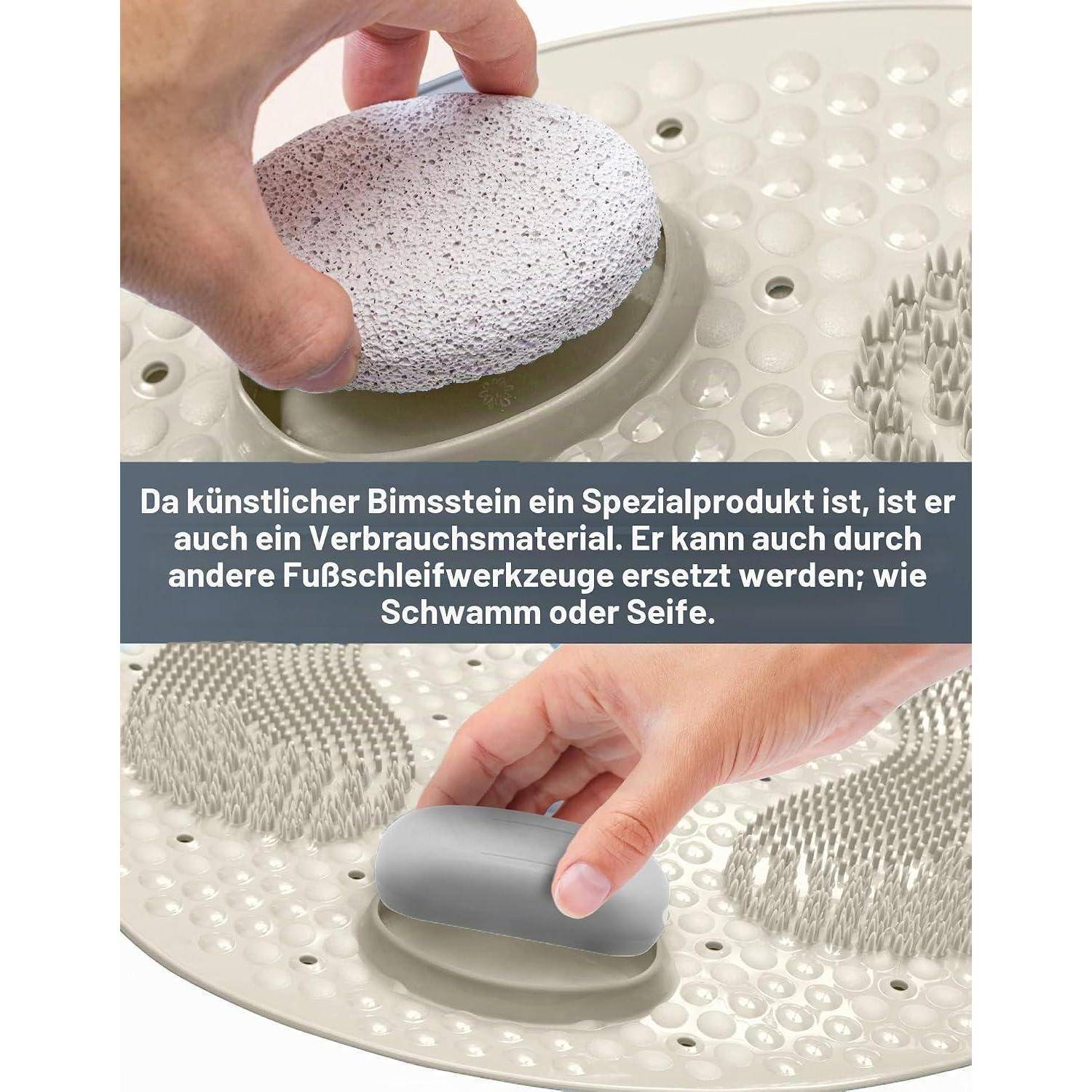 Hände verwenden einen violetten Bimsstein und eine graue Fußfeile auf einem strukturierten Fußpflege-Werkzeug, mit deutschem Text, der Alternativen wie Schwamm oder Seife erklärt.