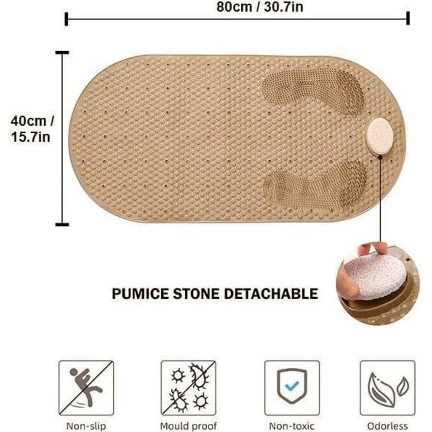 Beige rutschfeste Badmatte, 80 x 40 cm, mit abnehmbarem Bimsstein; gekennzeichnet als schimmelfest, bakterienfest, ungiftig und geruchlos.