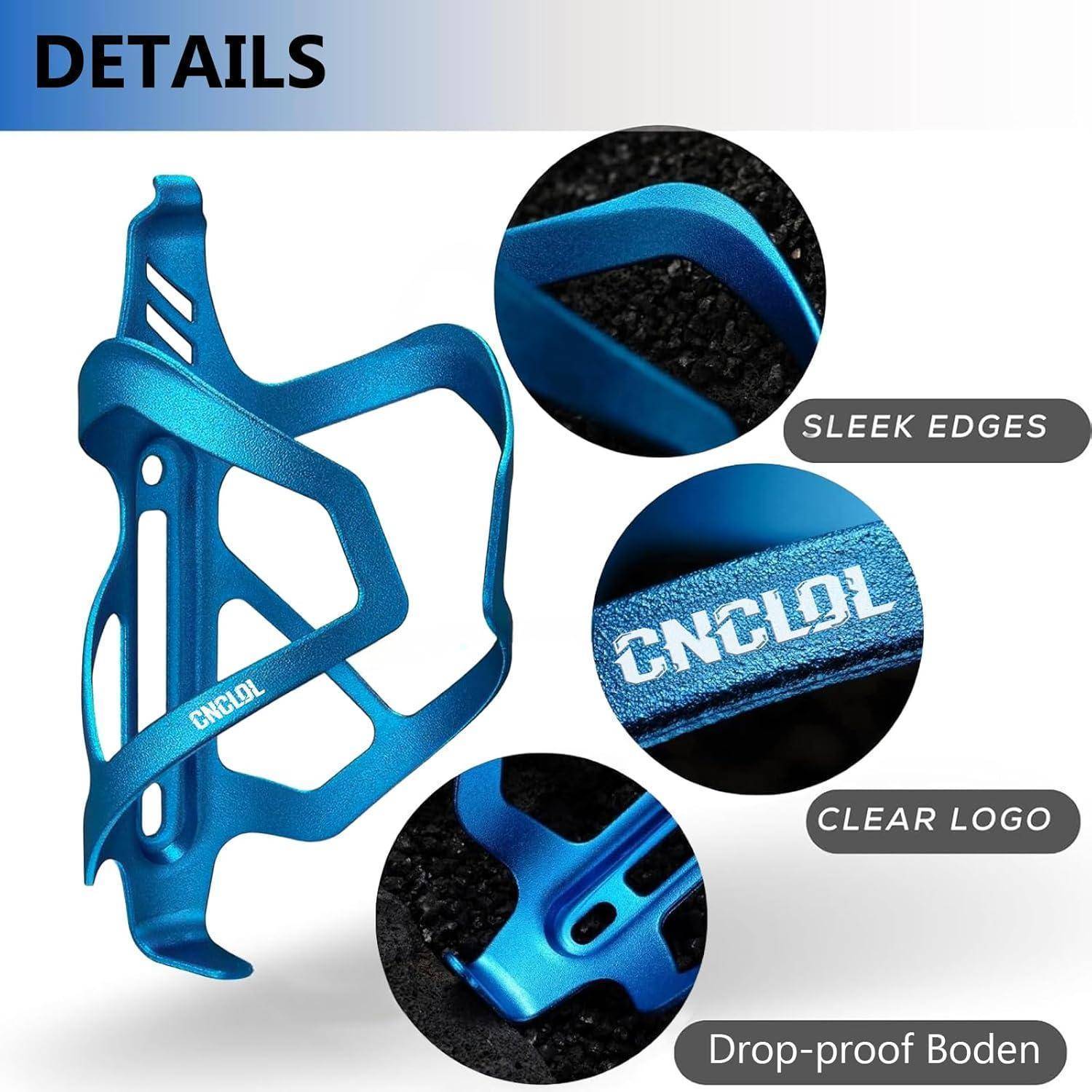 Blaue Aluminium-Fahrrad-Flaschenhalterung mit Beschriftungen, die glatte Kanten, klares Logo und bruchsicheren Boden hervorheben.