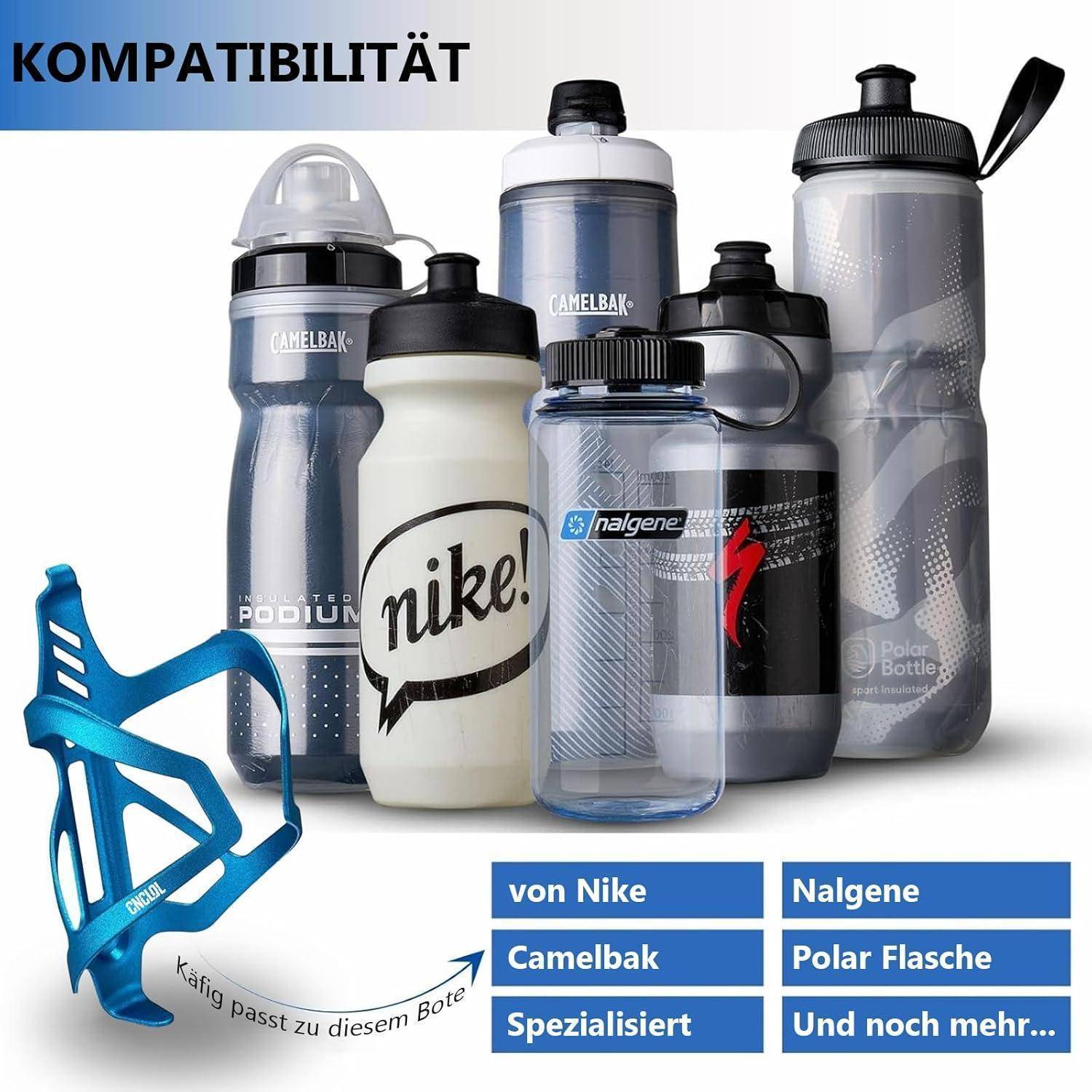 Kompatibilitätstabelle mit einem blauen Fahrradzug und verschiedenen Wasserflaschen; Etiketten listen „von Nike