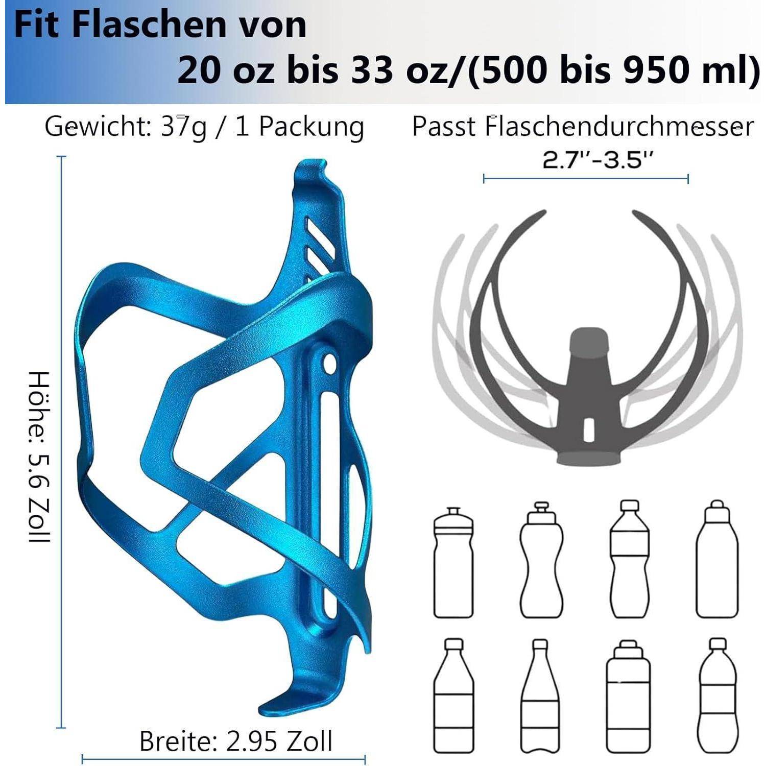 Blaues leichtes Fahrrad-Flaschenhalter aus Kunststoff mit deutschen Größenangaben: passt für 590–980 ml Flaschen, 37 g, 14,2 cm Höhe, 7,5 cm Breite, 6,9–8,9 cm Flaschenmagnetat.