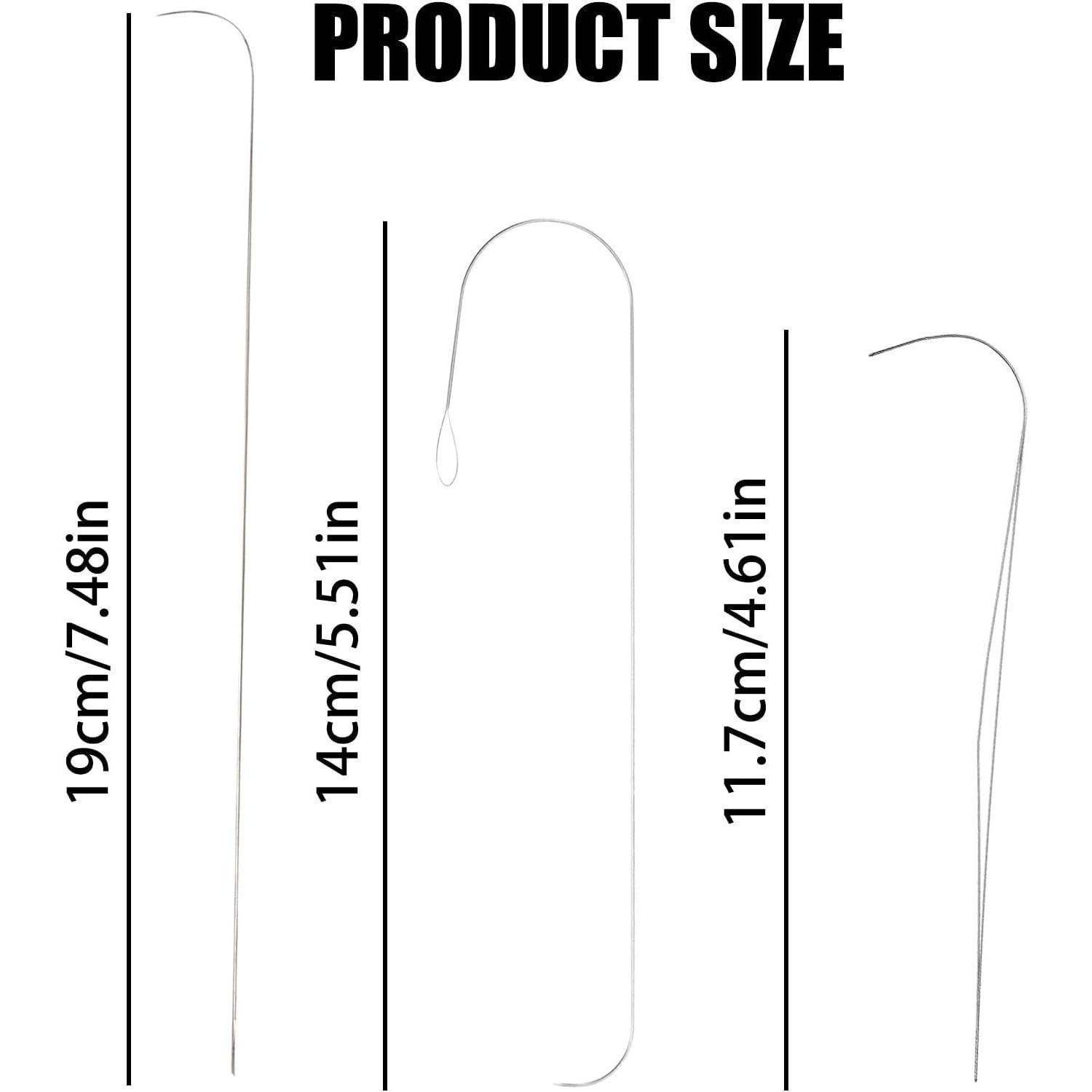 Produktgrößentabelle mit drei schlanken, gekrümmten Werkzeugen in verschiedenen Längen: 19 cm/7,48 Zoll, 14 cm/5,51 Zoll und 11,7 cm/4,6 Zoll.