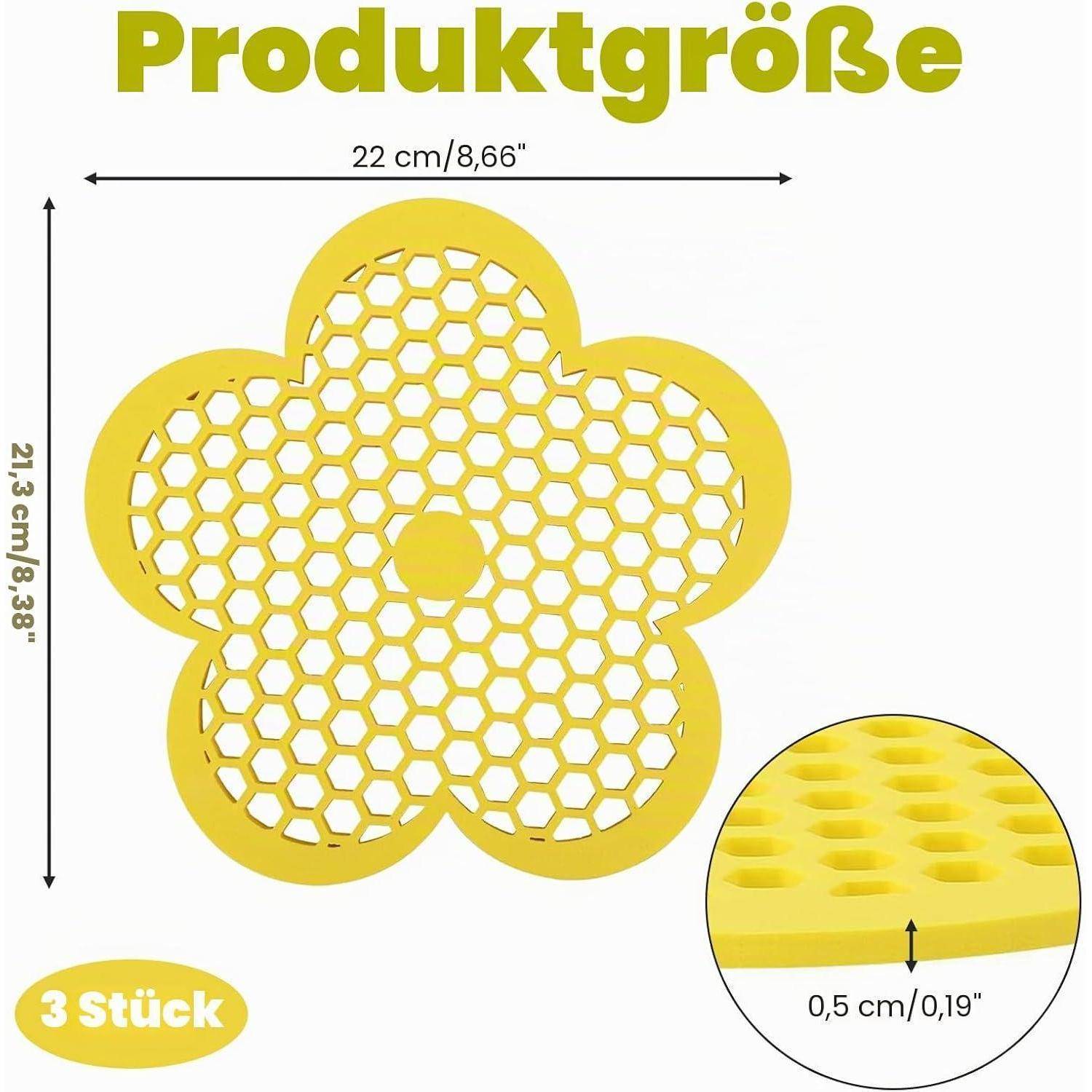 Produktgrößen-Grafik mit einer gelben wabenförmigen Matte, 22 cm breit und 21,3 cm hoch, verkauft in einem Set von 3 Stück.