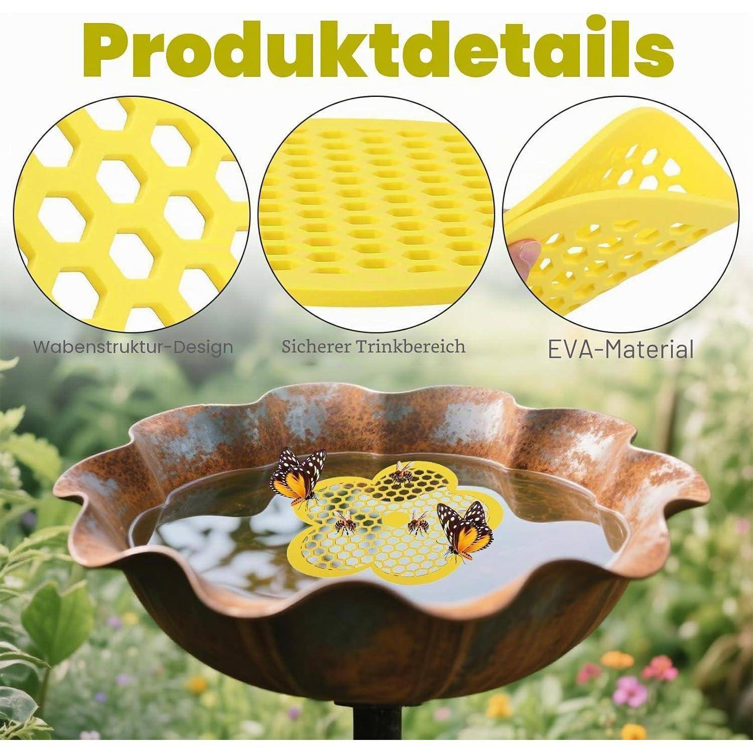 Produktdetails-Grafik mit einer gelben sechseckigen Trinkunterlage für Haustiere: Wabenstruktur, sicherer Trinkbereich und EVA-Material über einer vogelbad-ähnlichen Schale.