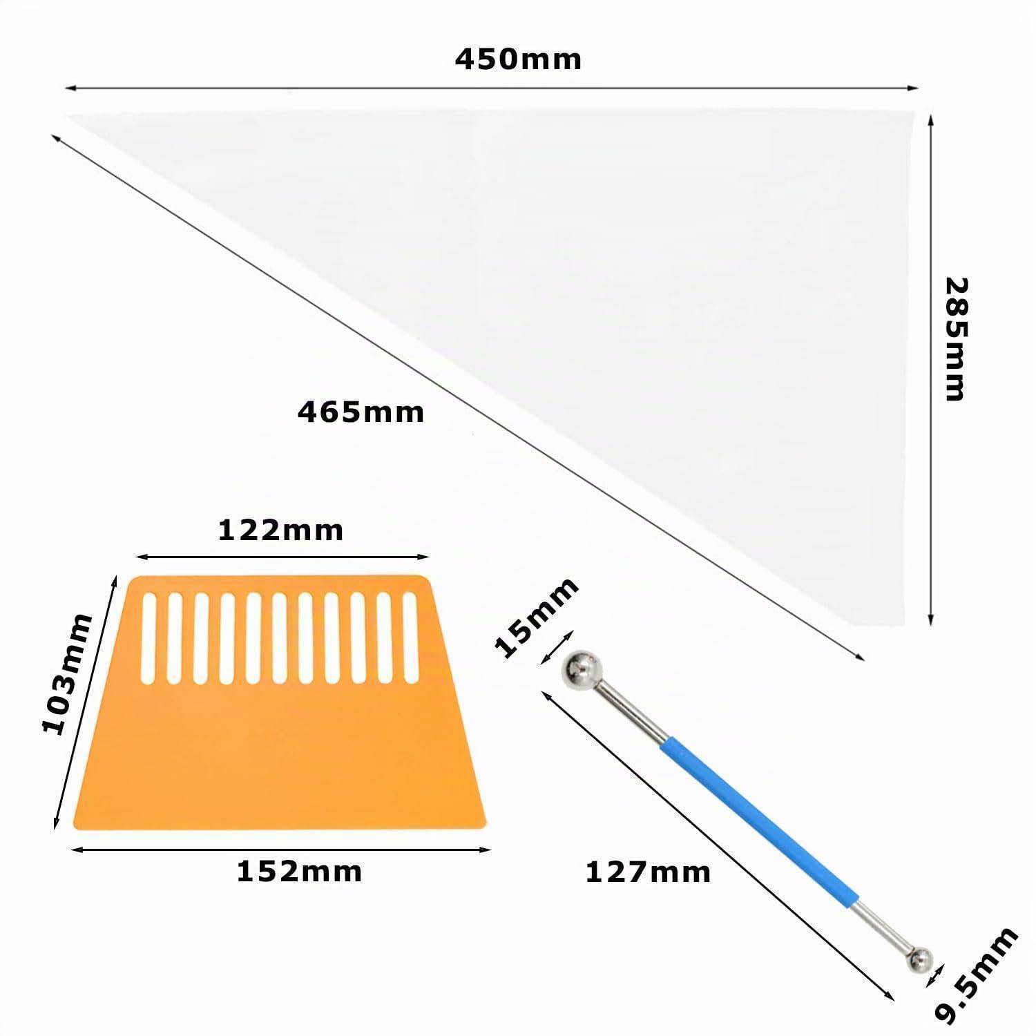 Produktdimensionsdiagramm mit einem dreieckigen transparenten Blatt (450 mm mal 285 mm, Diagonale 465 mm) und einem orangefarbenen Schaber-Werkzeug (152 mm mal 103 mm, 122 mm Oberseite, 15 mm Klinge, 127 mm Griff, 9,5 mm Spitze).