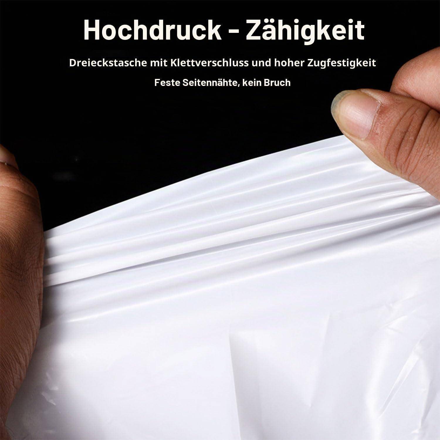 Hände dehnen einen weißen Kunststoffbeutel, um hochfestes, reißfestes Material zu zeigen; deutscher Text sagt „hohe Druckfestigkeit