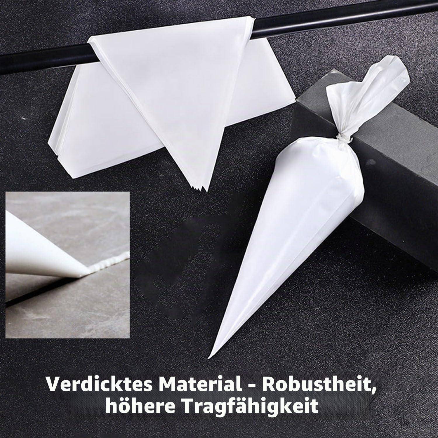 Nahaufnahme von weißen papierähnlichen Verpackungskegeln, die ein dickes, langlebiges Material zeigen; Detailansicht und deutscher Text: „Verdicktes Material - Robustheit, höhere Tragfähigkeit