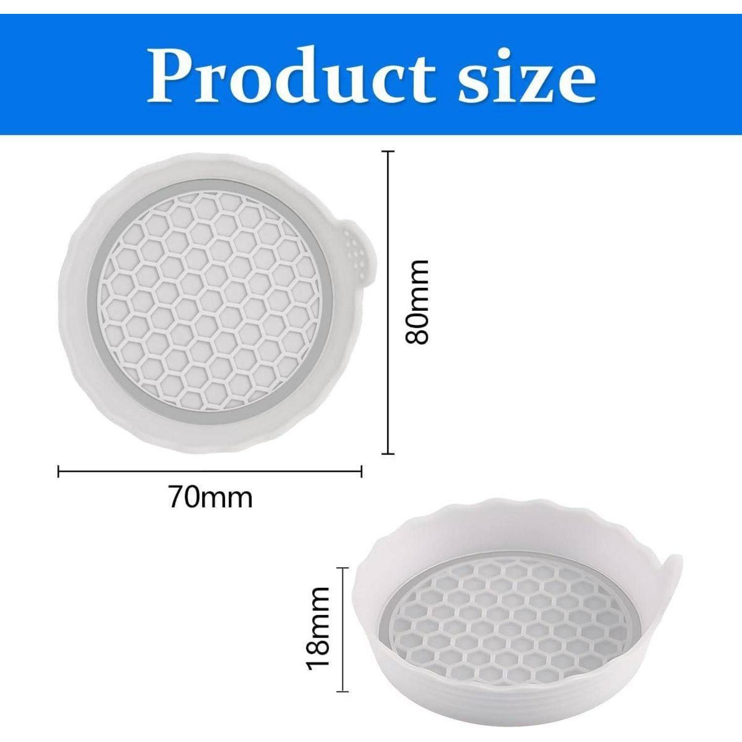 Größentabelle des Produkts, die einen runden Behälter zeigt, 70 mm breit und 80 mm hoch, plus eine Seitenansicht, die 18 mm Tiefe angibt.