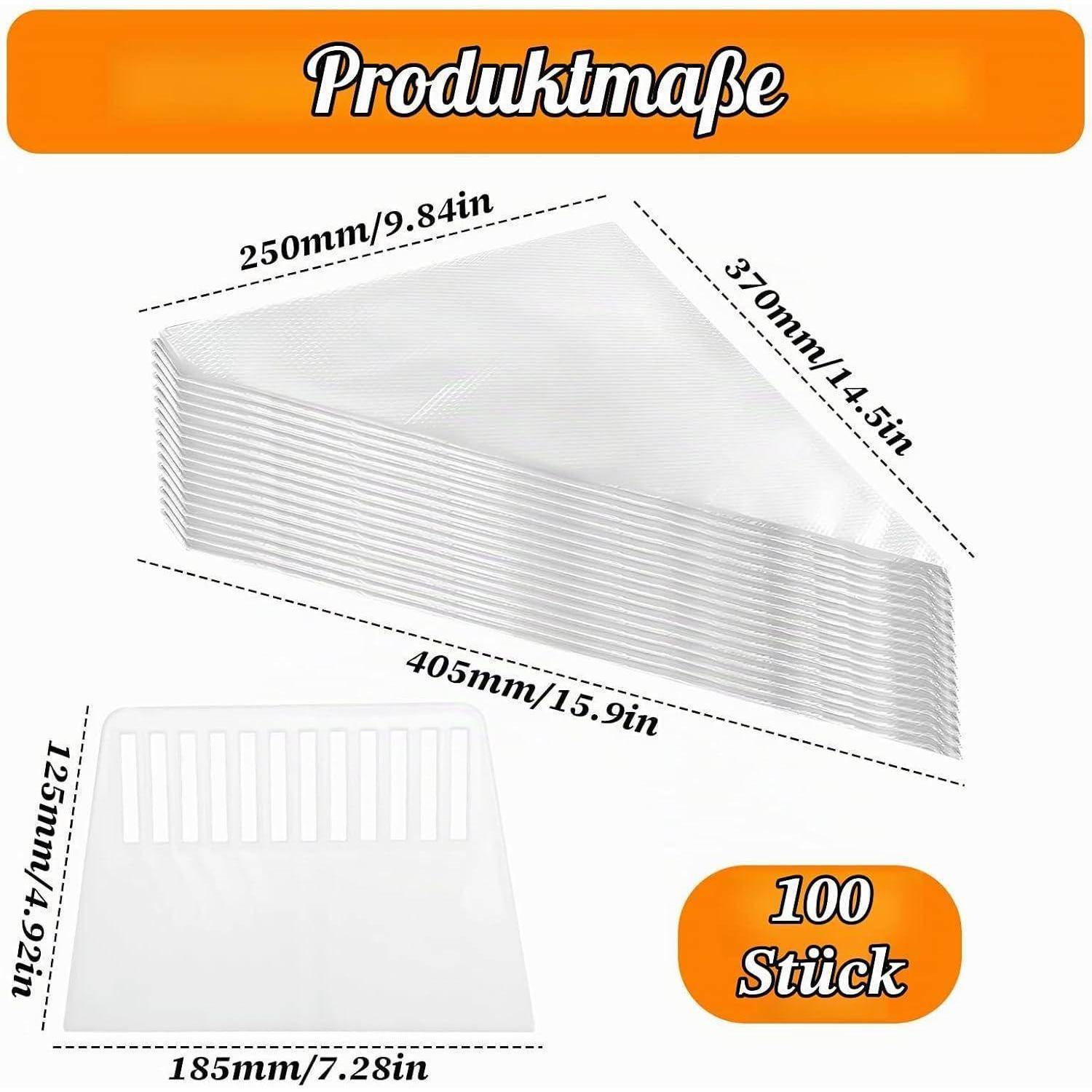 Produktbild von weißen Einweg-Papierservietten, das die Abmessungen 405 mm x 250 mm x 370 mm und eine Packung mit 100 Stück zeigt, wobei eine gefaltete Serviette in Vorderansicht dargestellt ist.