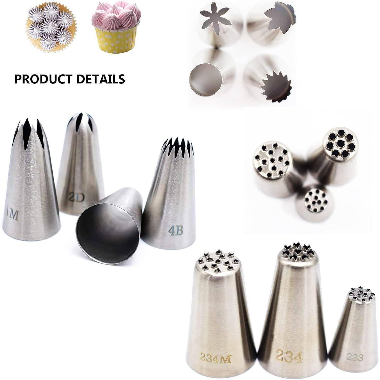 Produktdetailbild mit Metallspritzdüsen zum Dekorieren von Torten, mit Musterblütendesigns, Düsenformen und Größenetiketten wie 1M, 2D, 4B, 234M, 234 und 233.