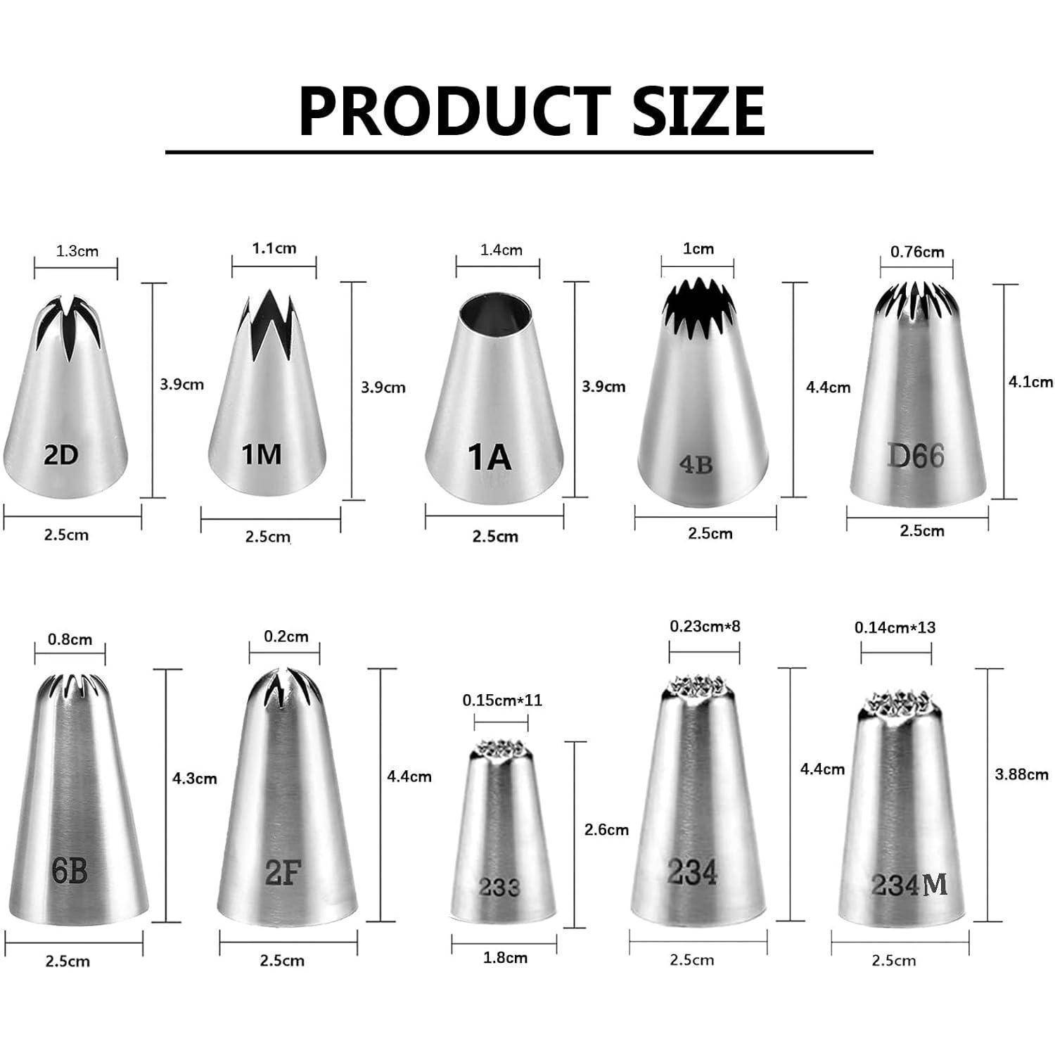 Größentabelle für Produkte mit neun Arten von Metallrohr-Düsen: 2D, 1M, 1A, 4B, D66, 6B, 2F, 233, 234 und 234M, jede mit beschrifteten Abmessungen für Höhe, Oberseite und Basis.