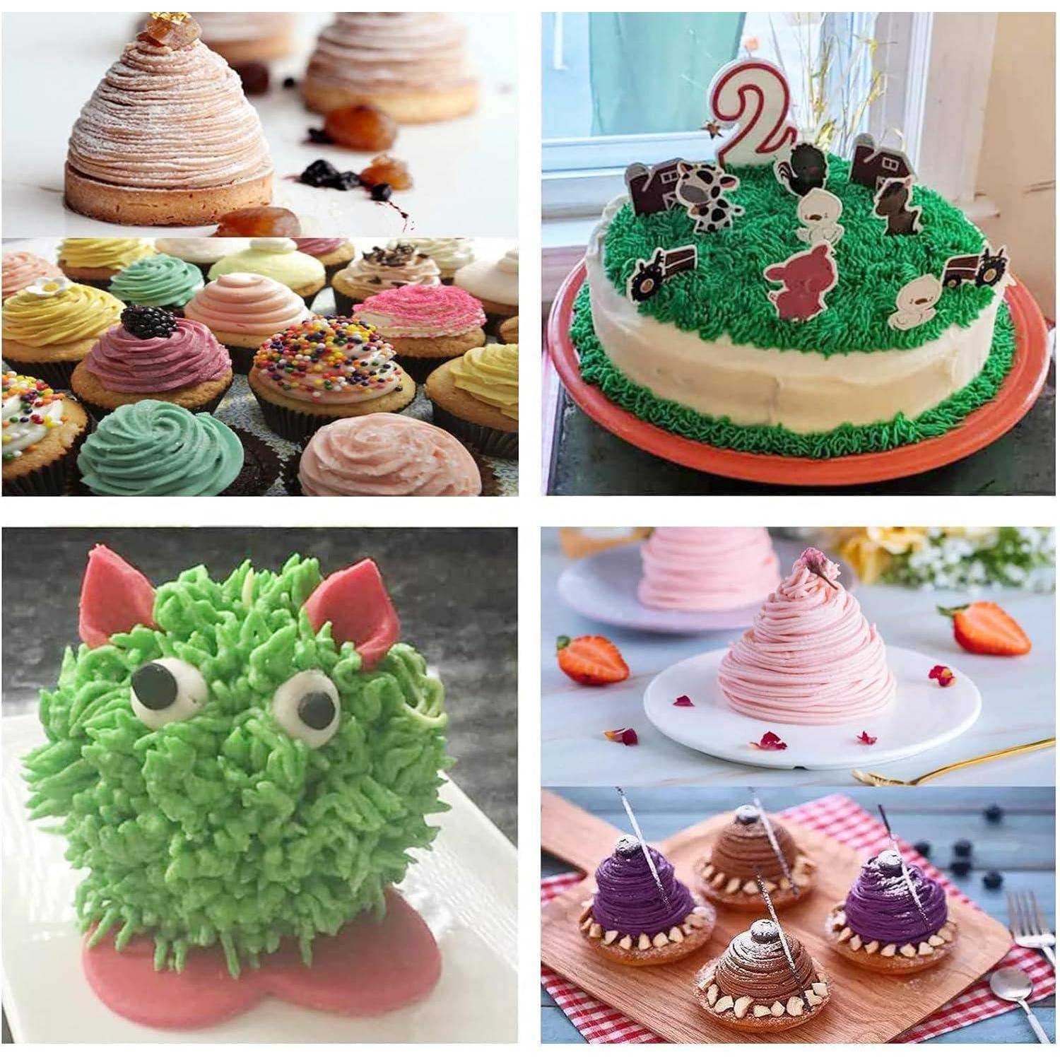 Collage aus verzierten Desserts: farbenfrohe Cupcakes, ausgefallene Kuchen und Reiskriegel mit gespritzt aufgetragener Glasur, Streuseln und verspielten Formen.