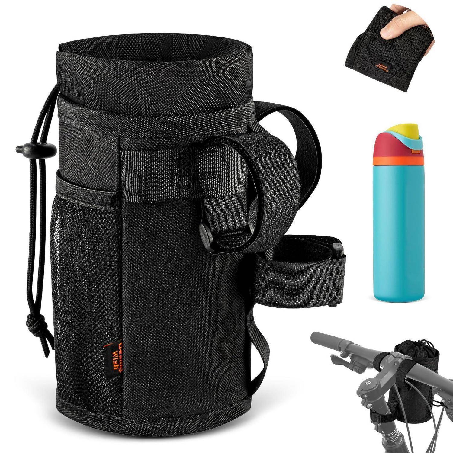 Schwarze isolierte Wasserflaschenhalter mit Schultergurt und Kordelzug-Oberseite, gezeigt mit einer Flasche, einer tragbaren Tasche und einer Fahrradhalterung.