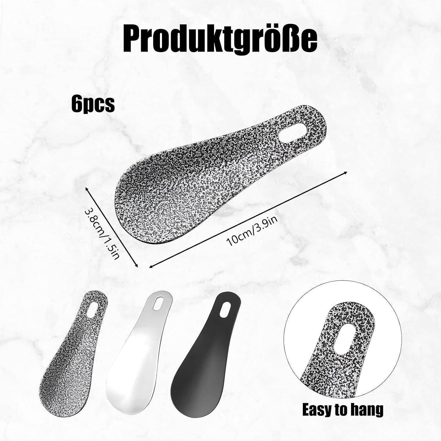 Produktgrößendiagramm für 6 Stück: tropfenförmiges Hängeschild, 10 cm x 3,8 cm, shown in speckled, white, and black finishes.