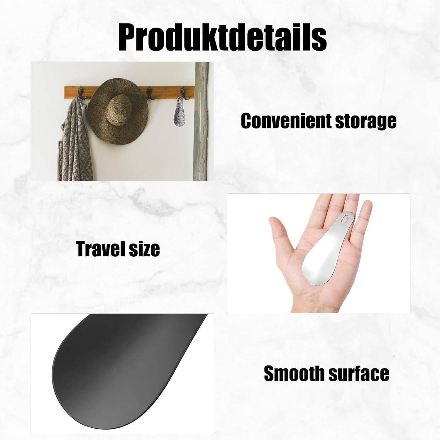 Produktdetails-Infografik mit einem kompakten Reisegröße-Haken mit praktischer Aufbewahrung, glatter Oberfläche und Wandmontage.