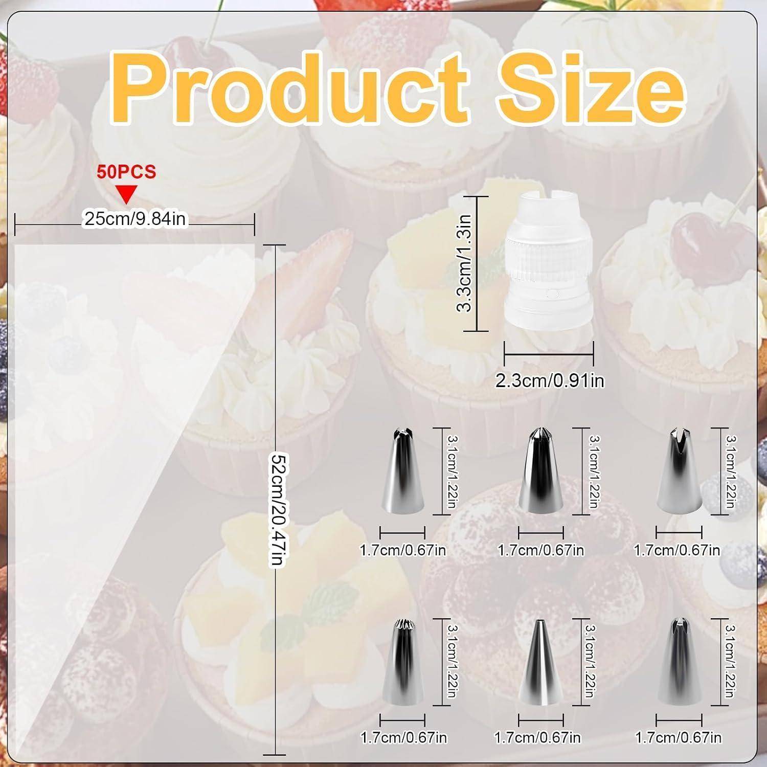 Produktgrößendiagramm mit einem 50-teiligen Set: großer Spritzbeutel 25 cm x 25 cm, Kupplung 3,3 cm x 2,3 cm und sechs Dekorspitzen 3,1 cm hoch x 1,7 cm breit.