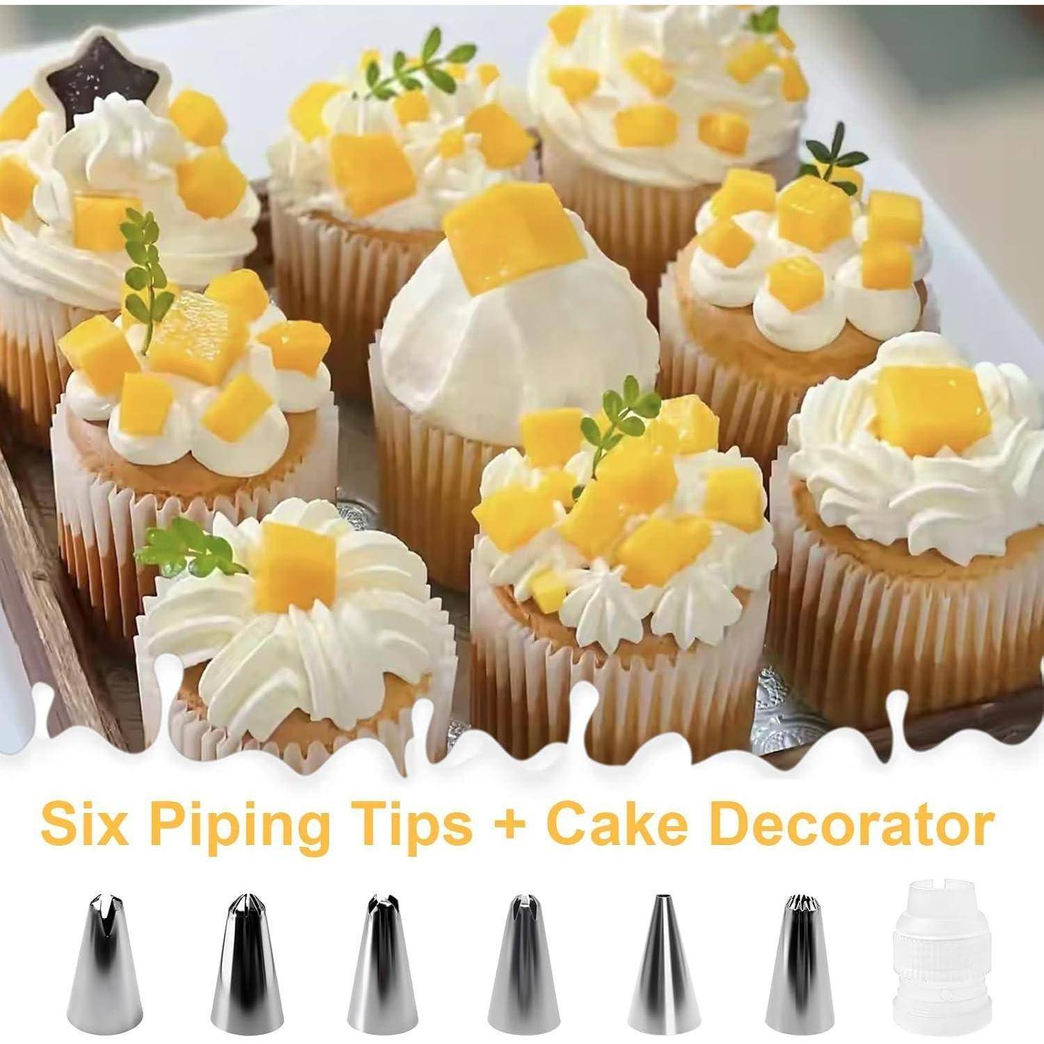 Bild von dekorierten Cupcakes und Spritztüten für Tortendekoration, mit dem Text „Six Piping Tips + Cake Decorator