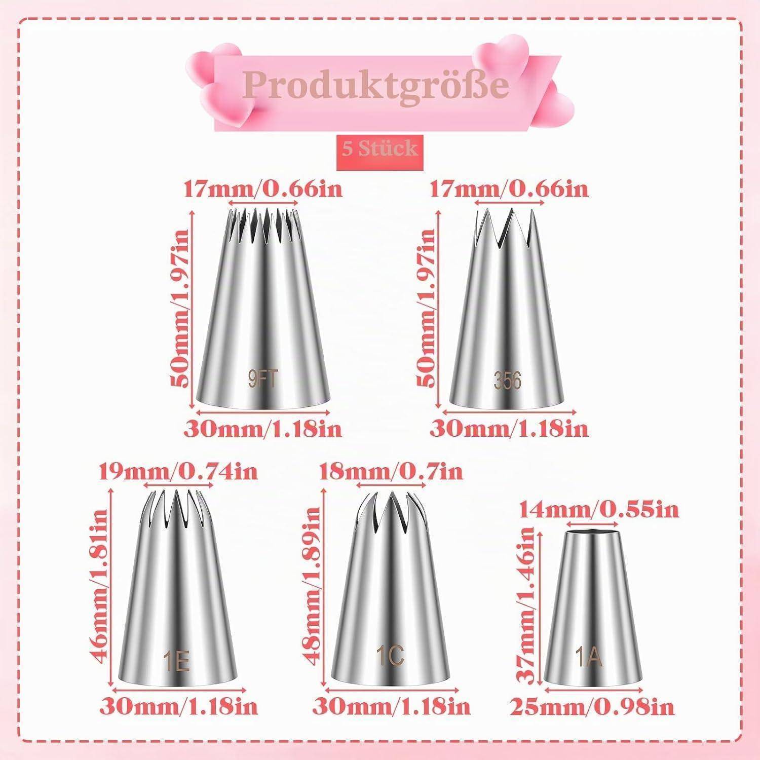 Produktgrößentabelle mit 5 Metallrohr-Spritzdüsen mit Abmessungen in mm und Zoll, gekennzeichnet mit 1A, 1B, 1C, 3A und 3B.