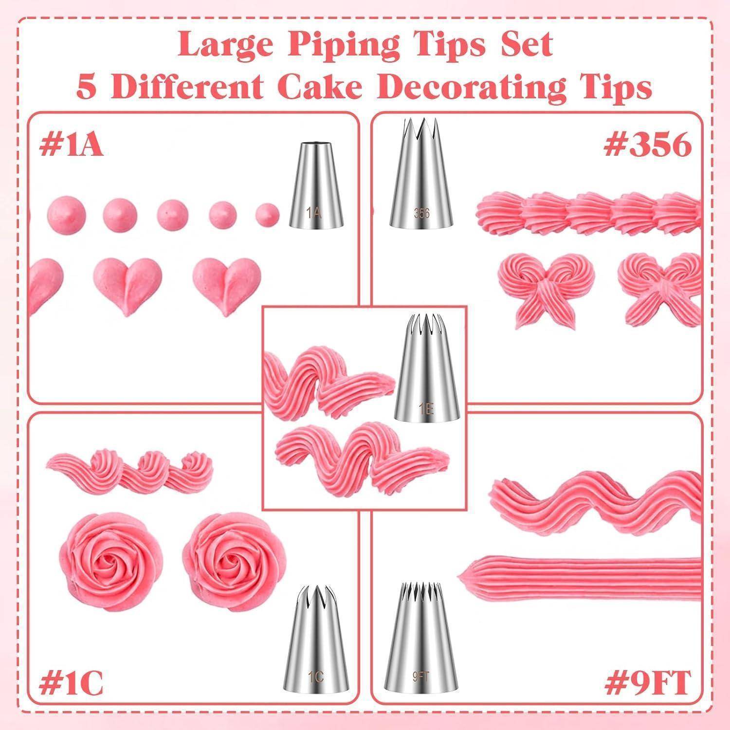 Infografik einer großen Spritzentüll-Kollektion mit 5 Spritzbeuteltüllen zur Kuchenverzierung (#1A, #1C, #9FT, #356 und eine Mitteltülle) mit Beispielen von rosa Zuckergussmuster und Wirbeln.