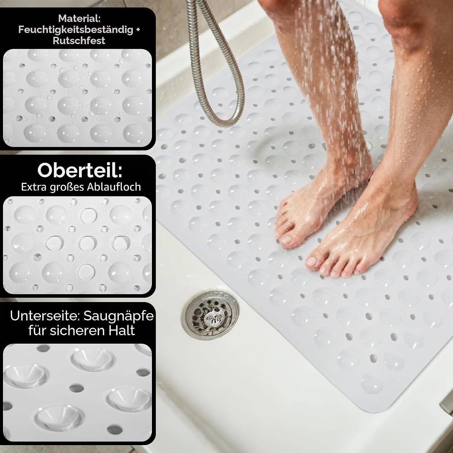 Badematte mit Saugnäpfen und großem Ablaufloch, das unter fließendem Wasser gezeigt wird, mit deutschen Beschriftungen, die feuchtigkeitsbeständiges, rutschfestes Material und sicheren Halt hervorheben.