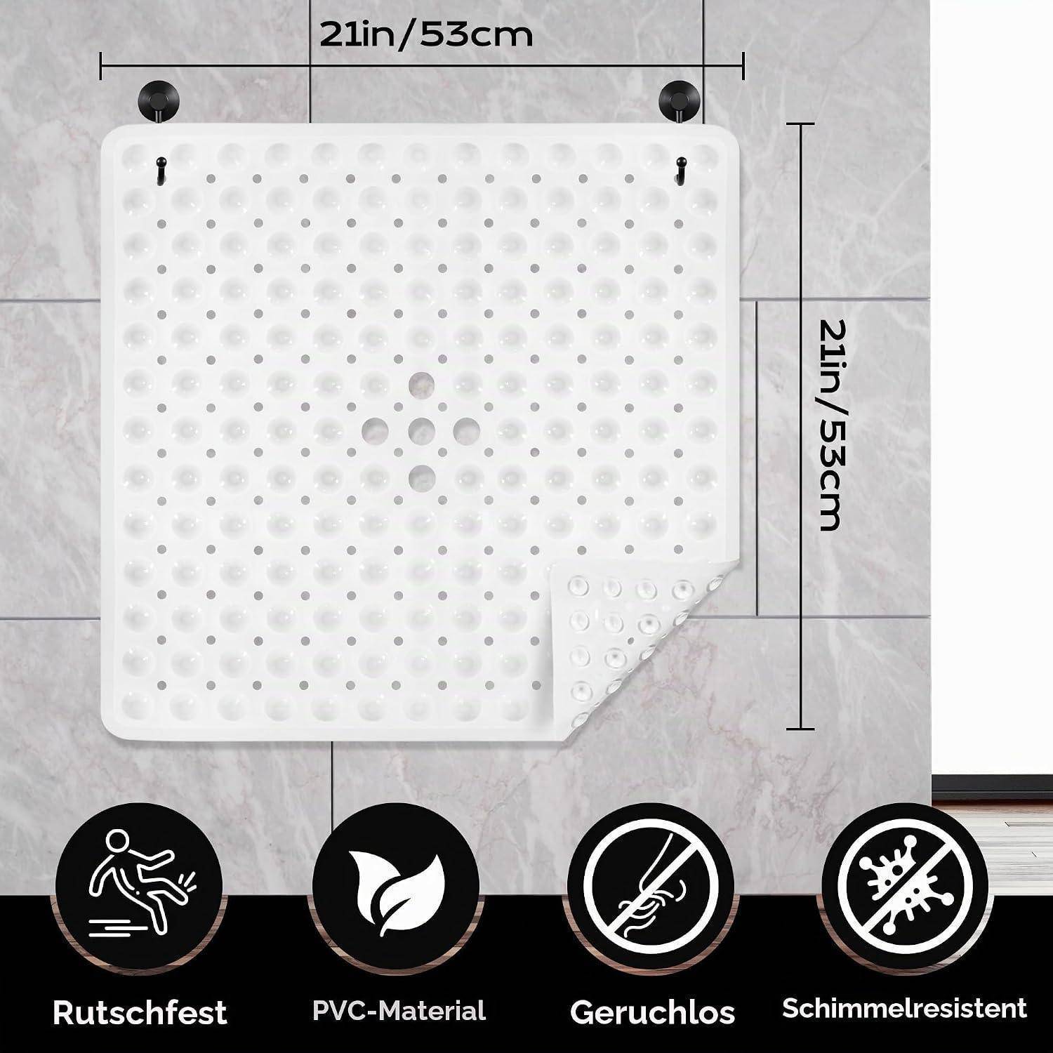 Weiße quadratische rutschfeste Badematte mit Saugnäpfen und Entwässerungslöchern, gezeigt mit Abmessungen von 21 Zoll/53 cm und Symbolen für PVC-Material, geruchlos und schimmelsicher.