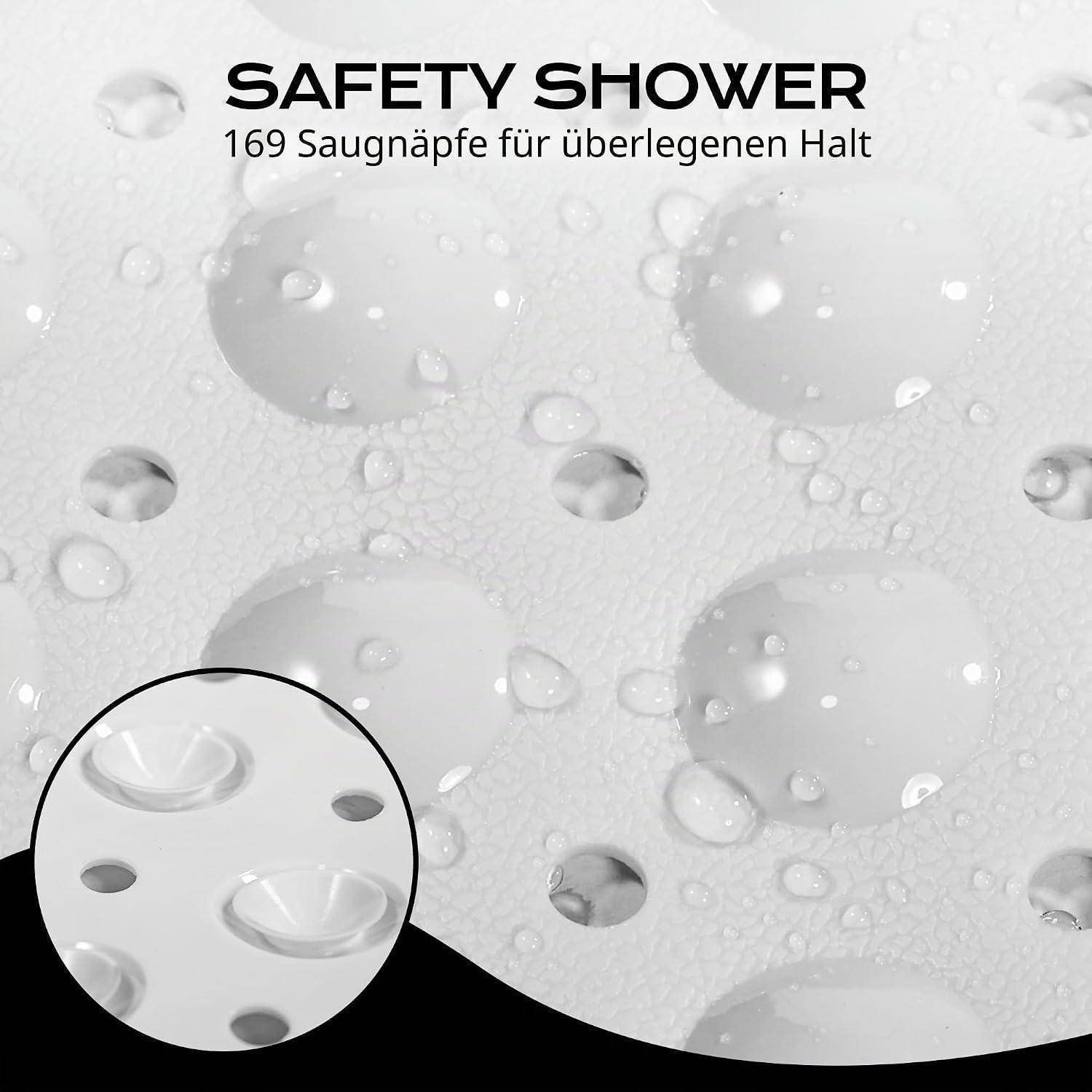 Nahaufnahme einer weißen Saugnapf-Duschmatte mit der Aufschrift „SAFETY SHOWER