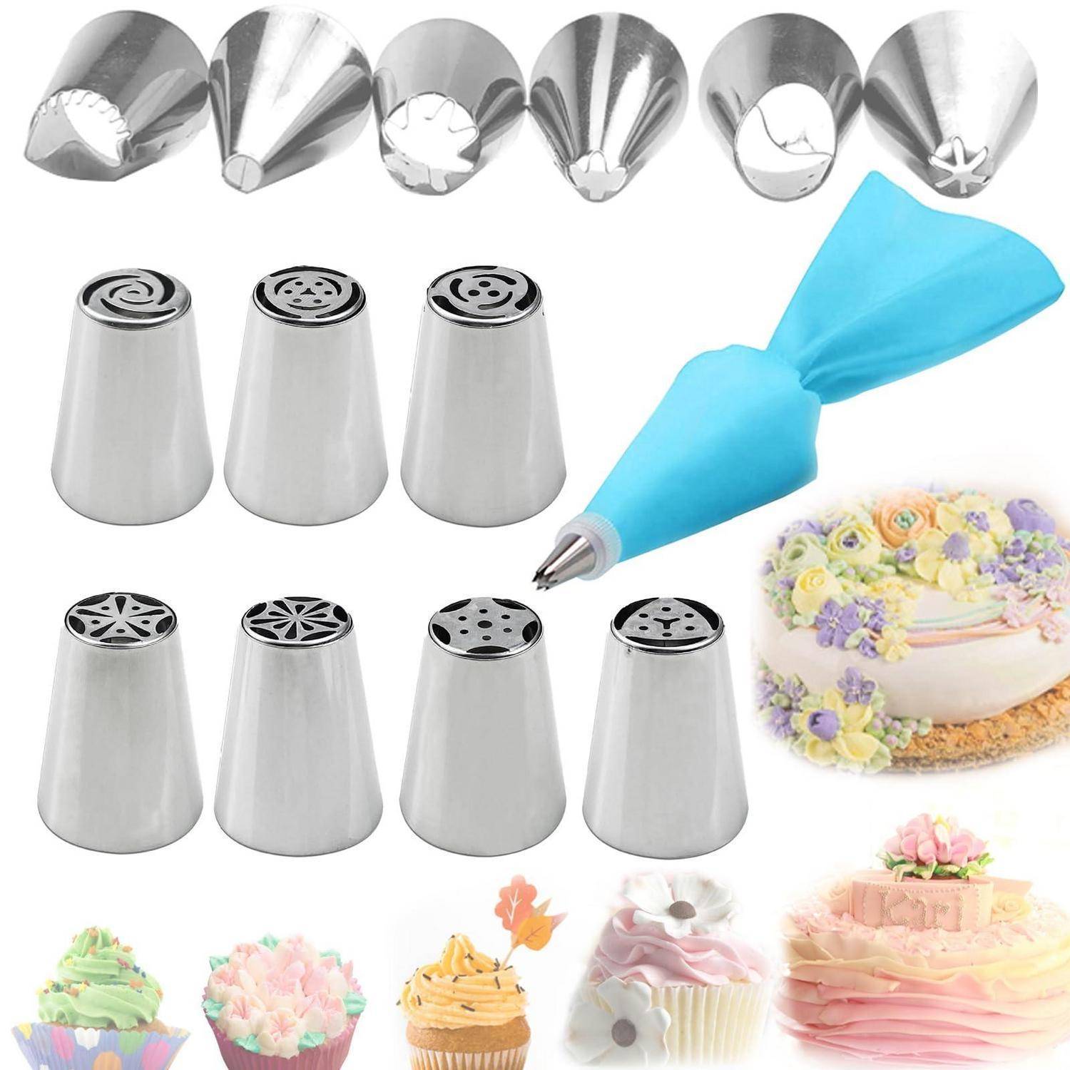 Kuchendekorierset mit blauem Spritzbeutel und mehreren Metallspritztüllen, dargestellt mit Beispielen von dekorierten Cupcakes und Kuchen.