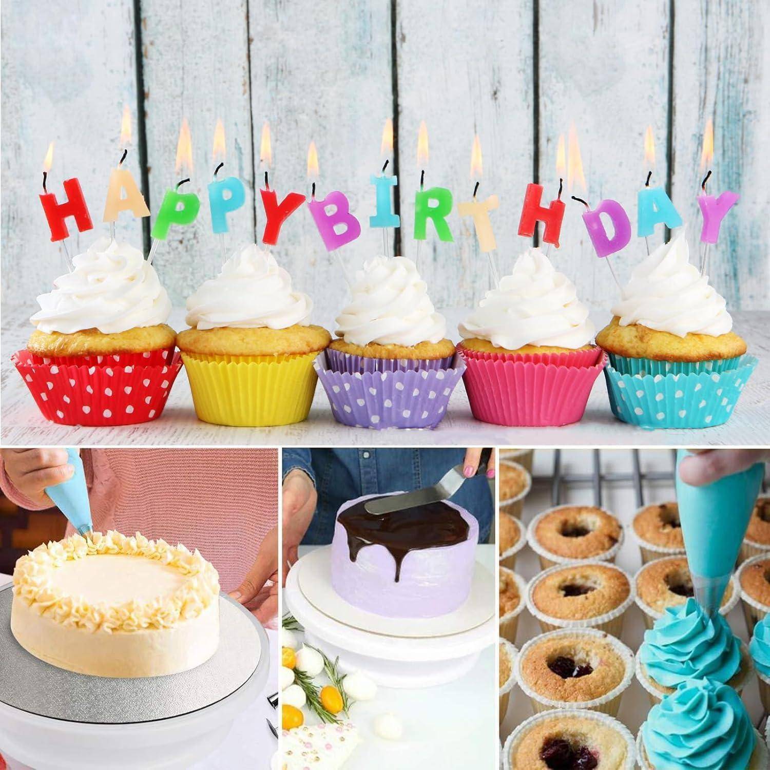 Geburtstagsdesserttisch mit farbenfrohen Cupcakes und einer „Happy Birthday