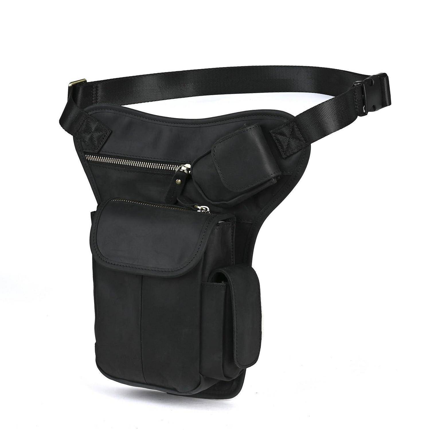 Schwarze taktische Oberschenkel-Holster-Tasche mit verstellbaren Hüft- und Beingurten, mehrere Reißverschlusstaschen, auf weißem Hintergrund gezeigt.
