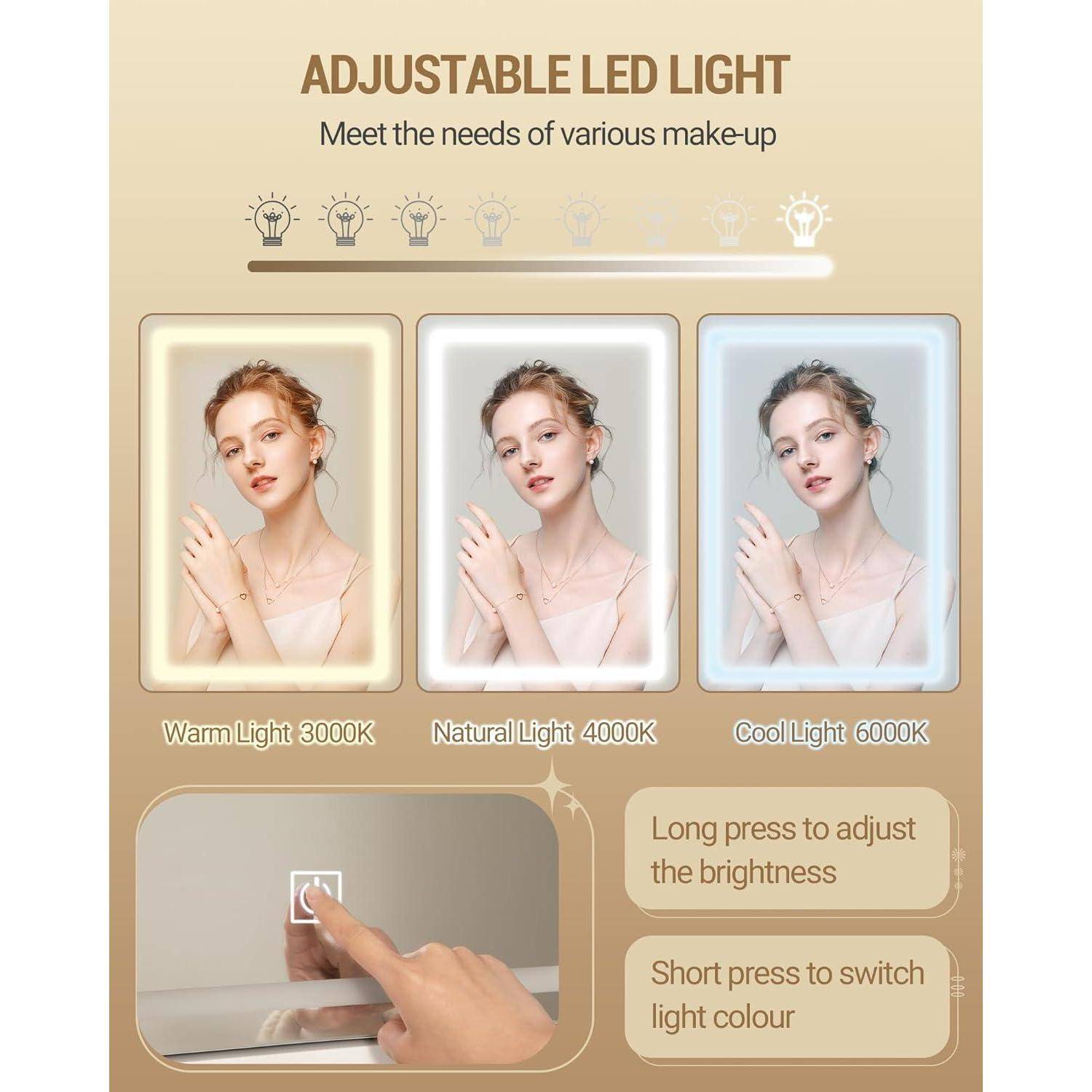 Poster mit einer einstellbaren LED-Schminklicht mit warmem 3000K, neutralem 4000K und kaltem 6000K Modus; Touchsteuerungen regeln Helligkeit und Farbe.